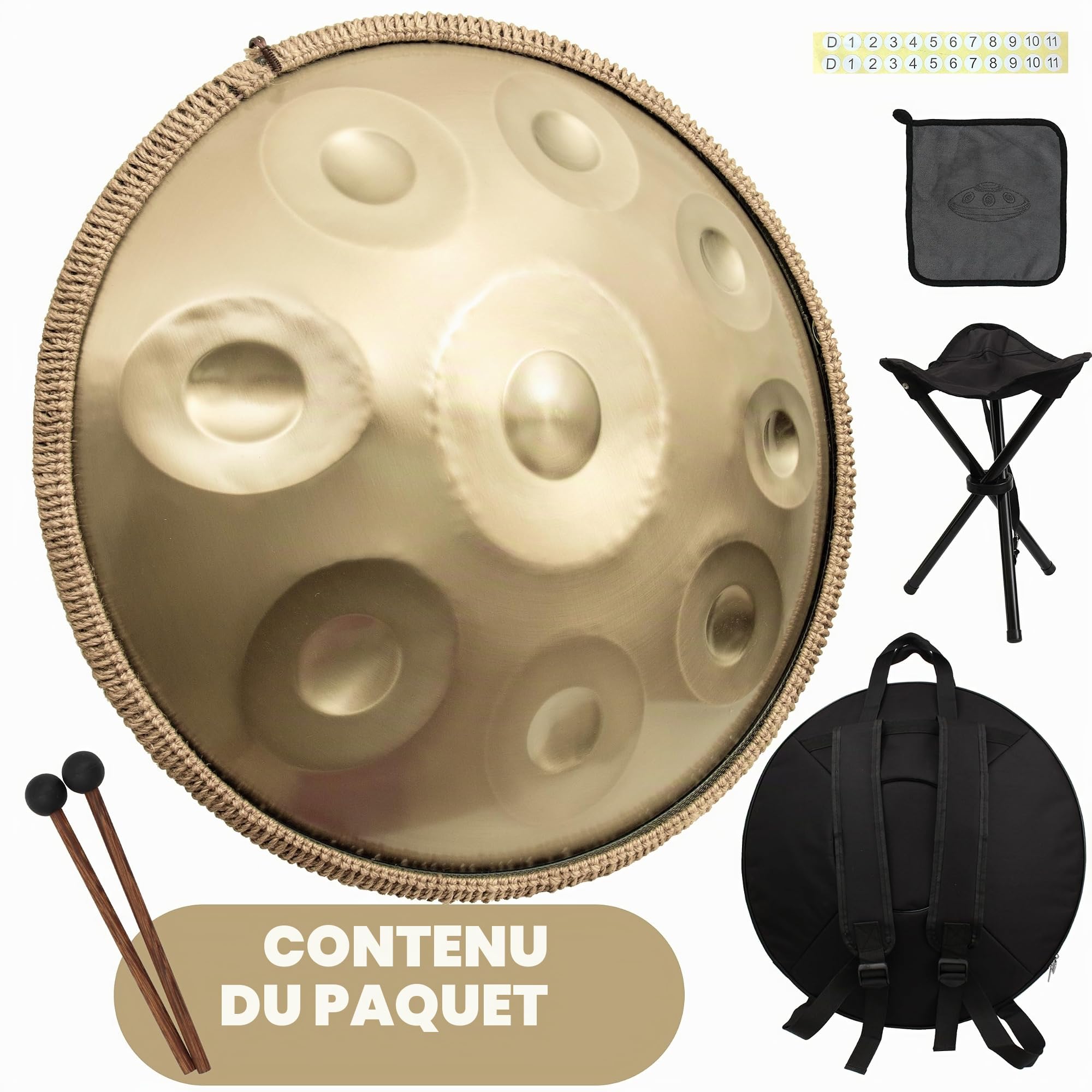 Gold Harmonic Tambour à main, en D, mineur, 9 tons, 56 cm, avec sac, percussion pour guérison sonore, méditation personnelle, yoga