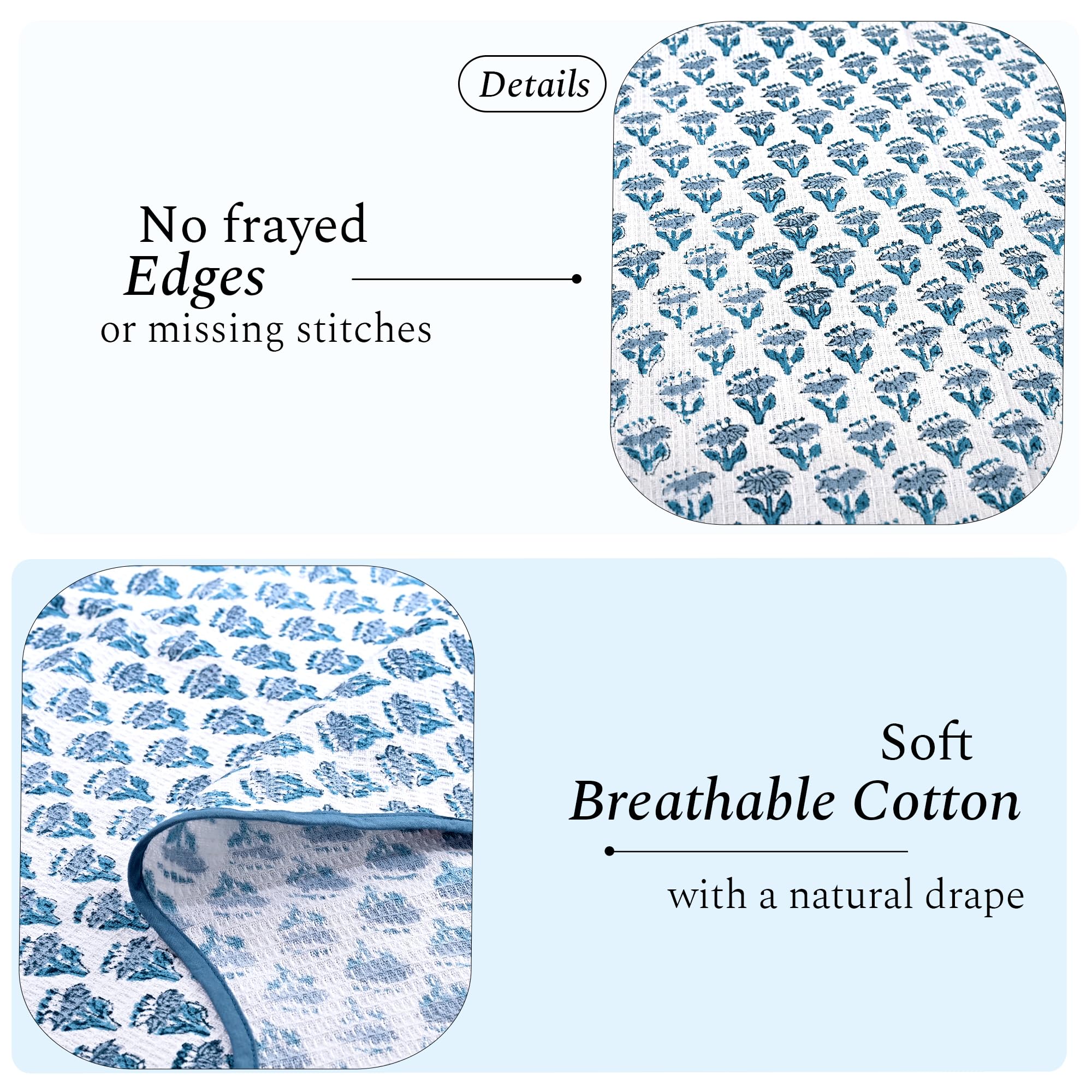 CPC COTTON PRINT CLUB Apatite - Juego de 2 toallas de baño de algodón con estampado de bloques azules de 68 x 137 cm, juego de 2 toallas bohemias, suaves, de secado rápido, ligeras y absorbentes para