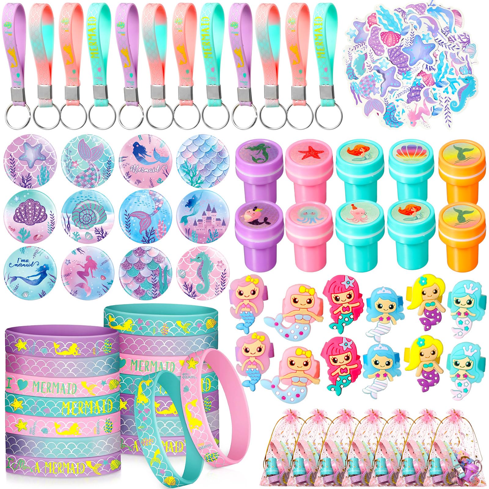 Capoda 122 Pcs Mermaid Party Favors for Girls Mermaid Theme Bracelets Keychains Pin Badges Stampers Rings Stickers Organza Bags for Piñata Stuffers