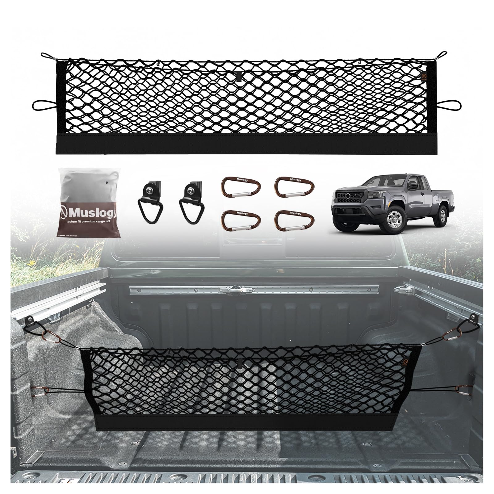 Muslogy Truck Bed Cargo Net Compatible with Nissan Frontier 2022-2025 2026 Accessories Storage Organizer Pickup Truck Bed Envelope Style Cargo Net with Heavy Duty Carabiners 12
