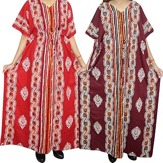 Mogul Interior 2Pc Womens Caftan Maxi Dress Bohochic Printed Cover Up Kimono Dress One Size Brown,red