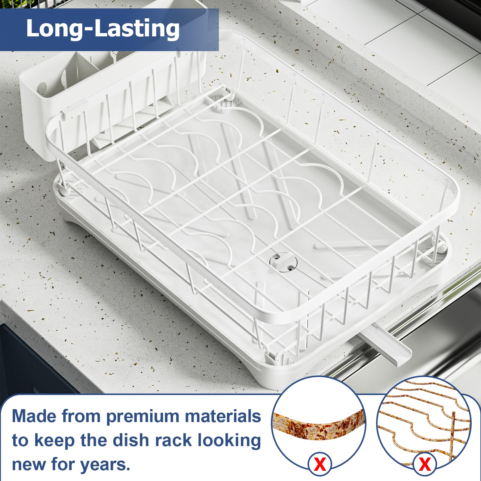Égouttoir à vaisselle simple couche avec porte-ustensiles, bec rotatif à 360 °, égouttoir à vaisselle pour comptoir de cuisine, grande capacité pour assiettes, bols, tasses, égouttoir à