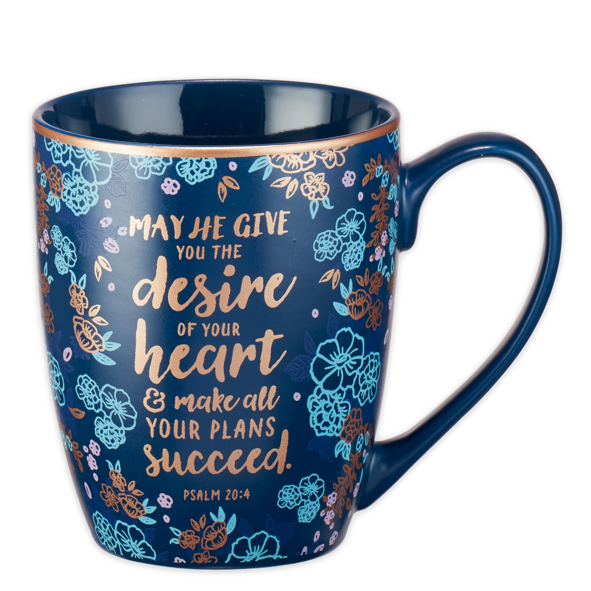 Christian Art Gifts Blue Bible Verse Mug – Floral Faith Mug for Women & Men, Ceramic Coffee Mug w/Gold Trim & Psalm 20:4 Calligraphy – “The Desires of Your Heart” Mug, 12 oz