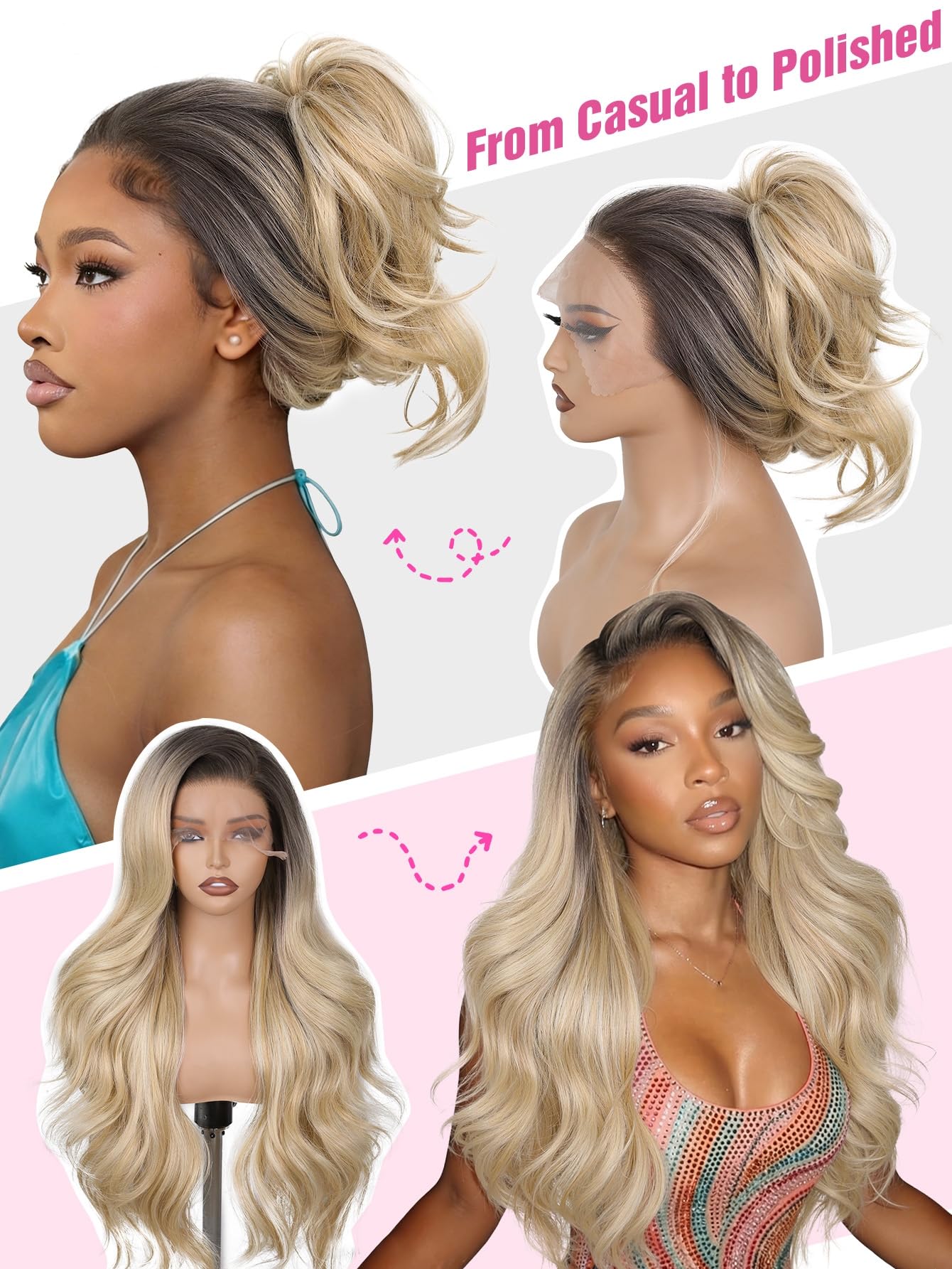 WIGNEE 13x6 Lace Front Wig Ombre Blond Flip Curl Salonowy Styl Dla Kobiet | Włókno Futura odporne na ciepło, Bezklejowa HD Lace Front falista peruka, 74 cm modne Flip Curl dla kobiet