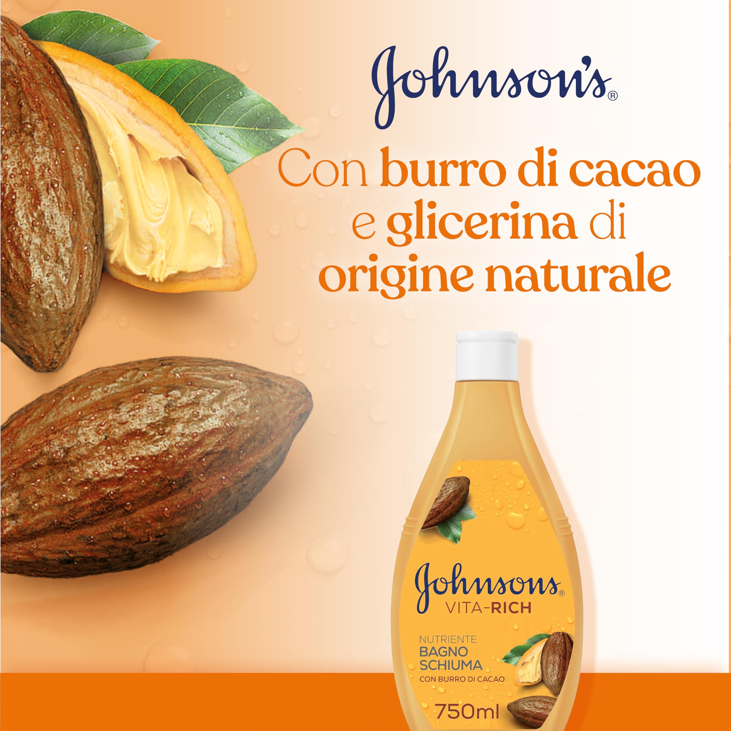 Johnson's Vita-Rich Bagnoschiuma Nutriente, Bagnodoccia con Burro di Cacao e Glicerina di origine vegetale, Docciaschiuma delicato e idratante per una pelle profumata e dall'aspetto sano, 750 ml