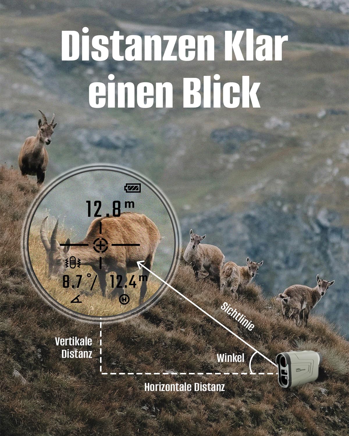 Entfernungsmesser Jagd, Inkerma Multifunktional Jagd/Golf Entfernungsmesser,1000/1200m mit 6-facher Vergrößerung, LCD-Display, Winkel/Neigungskompensation/Commutateur d'unité/Geschwindigkeit/Scan