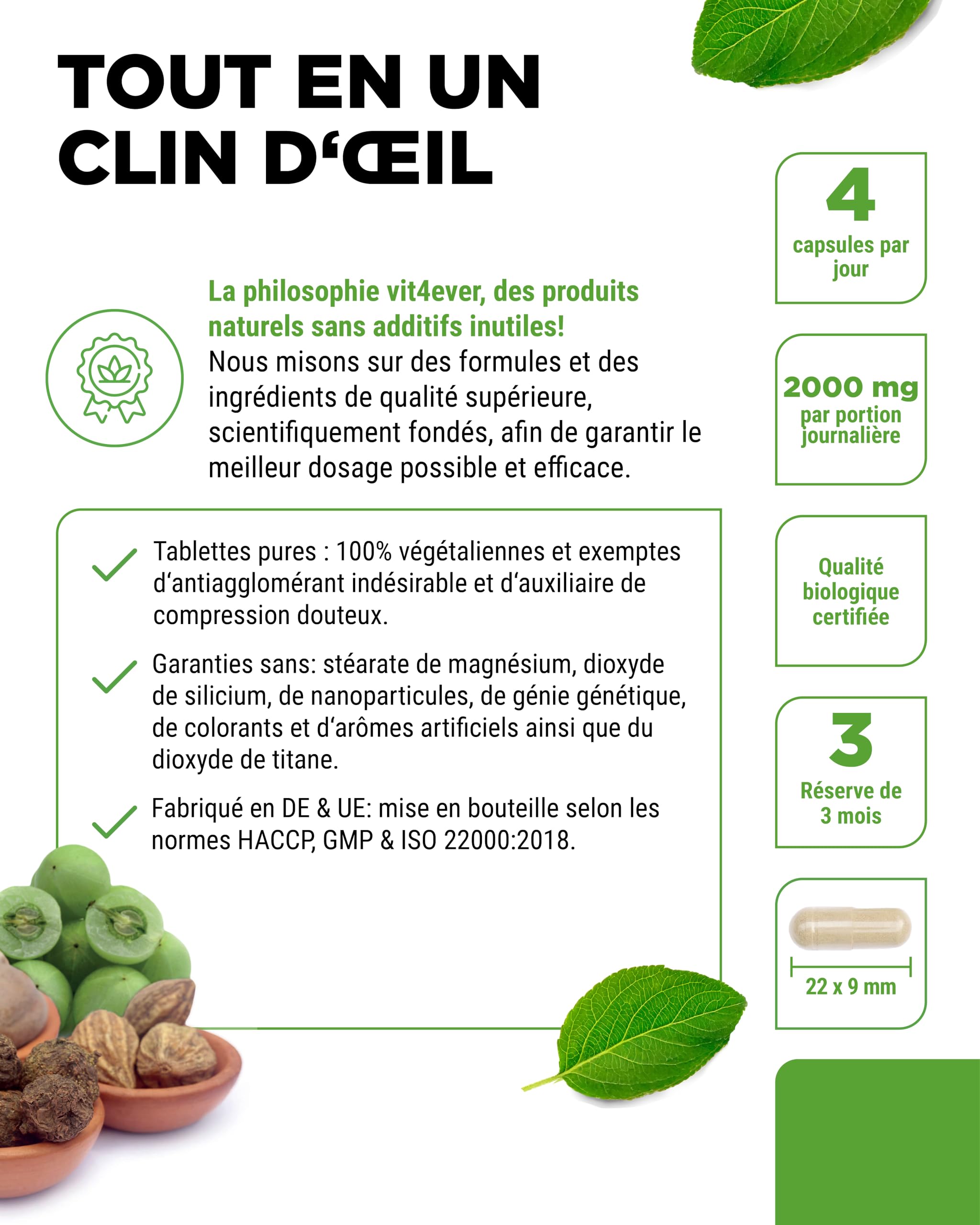 Triphala Bio - Haute Dose de 2000 mg (500 mg par capsule) - 365 capsules - Poudre de Triphala de l'Inde : Haritaki, Amalaki, Bibhitaki - Sans Additifs - Vegan
