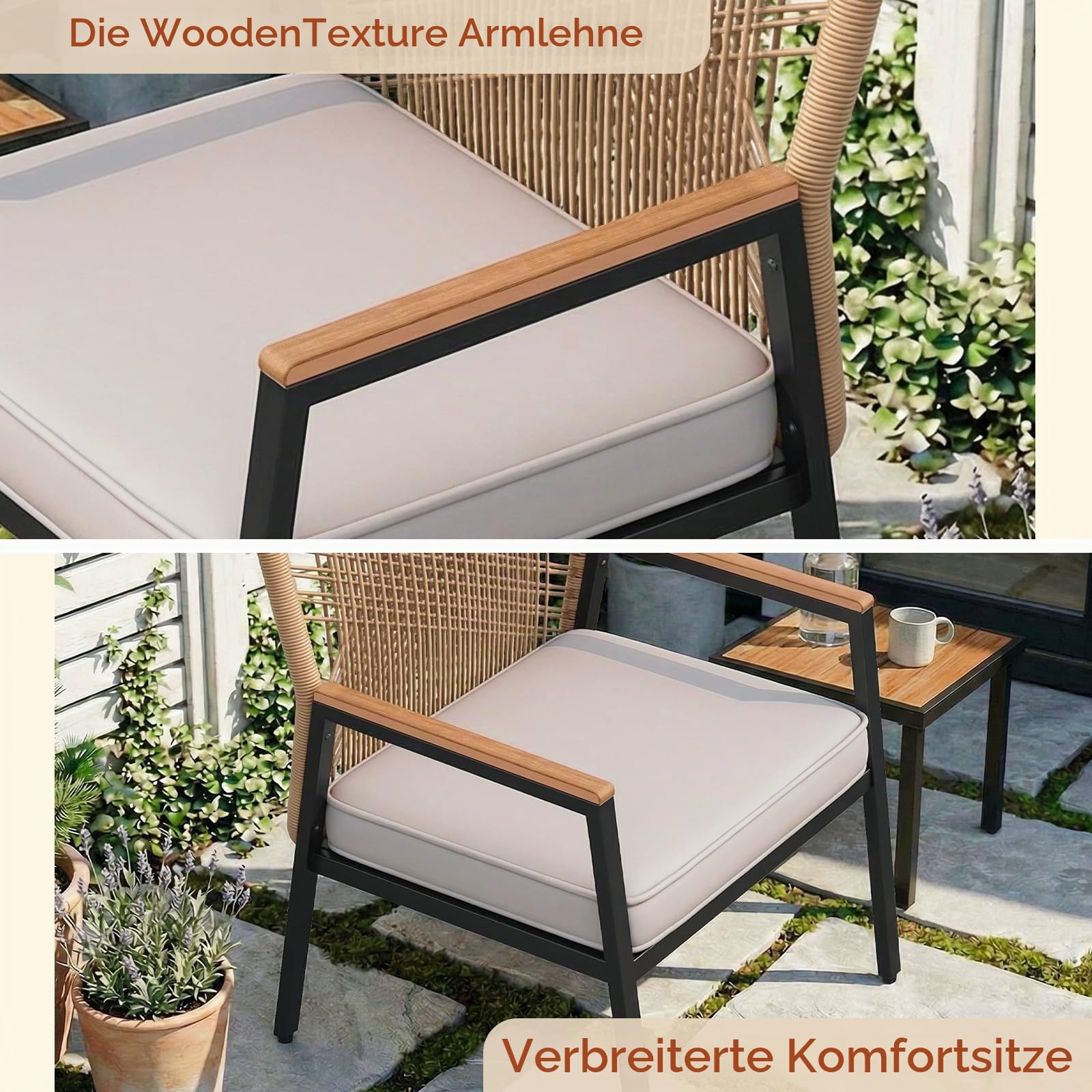 LIFERUN Gartenstuhl Rattan 1er Set, Terrassenstühle, Balkonstühle Metall