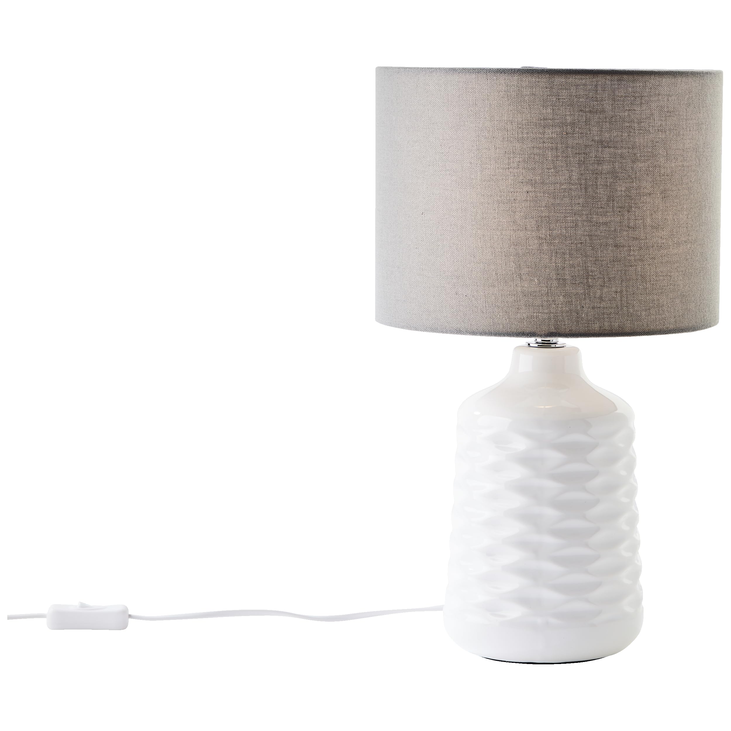 lampada da tavolo in ceramica bianca con paralume in tessuto grigio - | Lampada da tavolo, altezza 42 cm, Ø 25 cm, interruttore, E14, max. 40 W, bianco/giallo