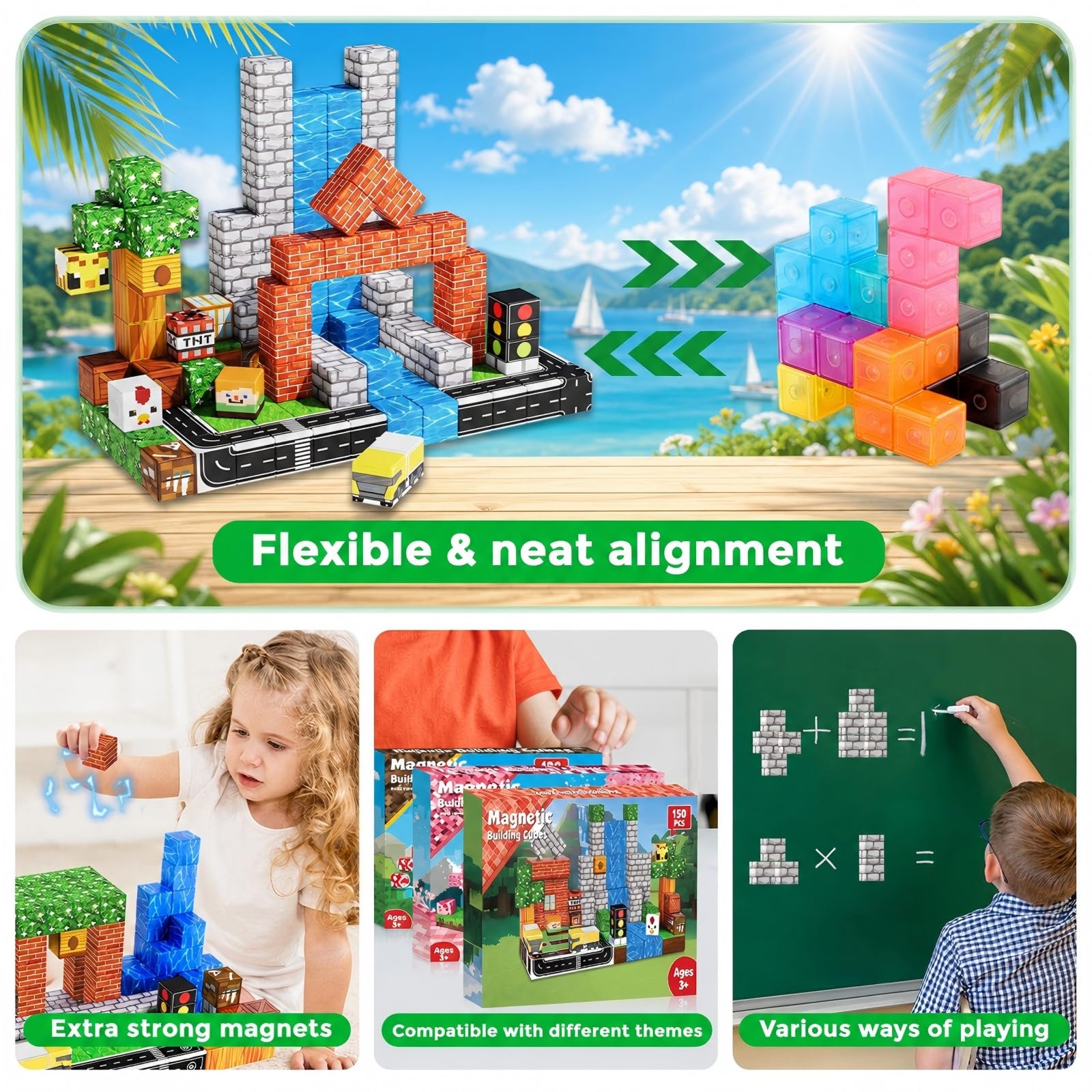 Annexfun Bloki magnetyczne 150 szt. klocków magnetycznych zabawki Montessori dla dzieci od 3 lat