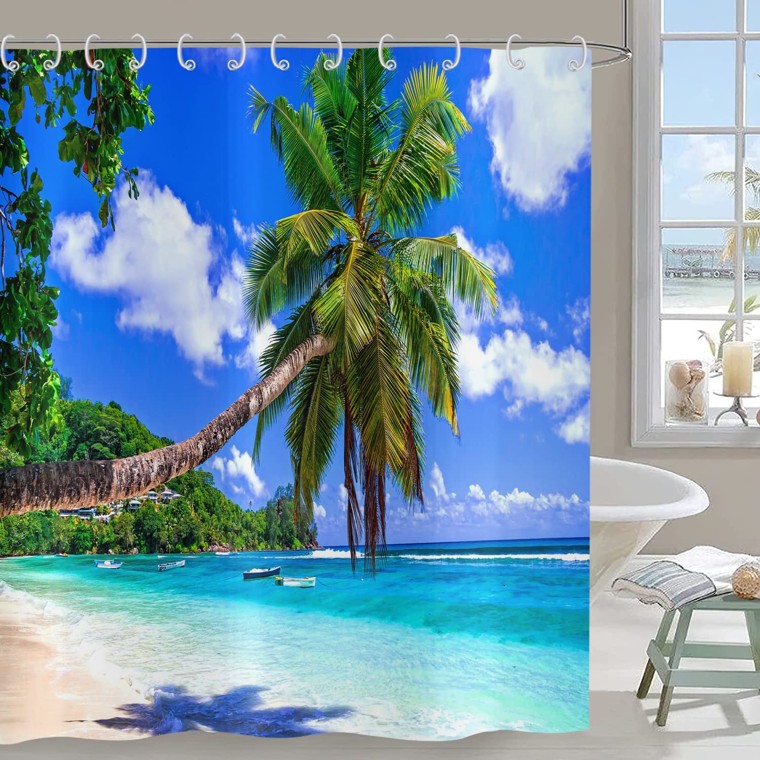 Hnmdmyi Ocean Beach Shower Curtain 165x180, Tropical Palm Trees Seaside Island Blue Sky Hawaiian Landscape Bathroom Curtains with Hooks Waterproof Polyester Fabric Washable Bath Curtains for Wet Room