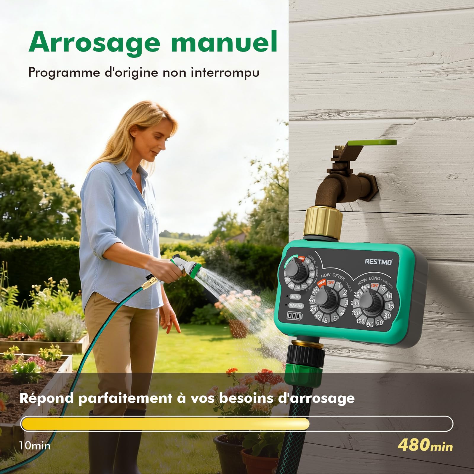 RESTMO programmateur arrosage 3 Boutons, entrées/Sorties Laiton, minuterie pour Tuyau et Goutte-à-Goutte. Jusqu’à 480 Min, Installation Facile