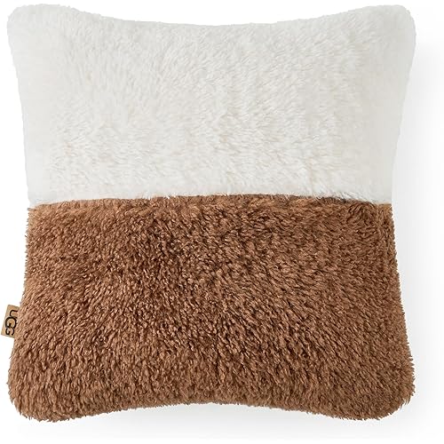UGG Anselma Decorative Pillow, Square Throw Pillow with Removable Insert, Textured Color-Blocked Accent Pillow for Sofa, Couch, Bed, or Living Room Décor, 20" x 20", Chestnut/Snow