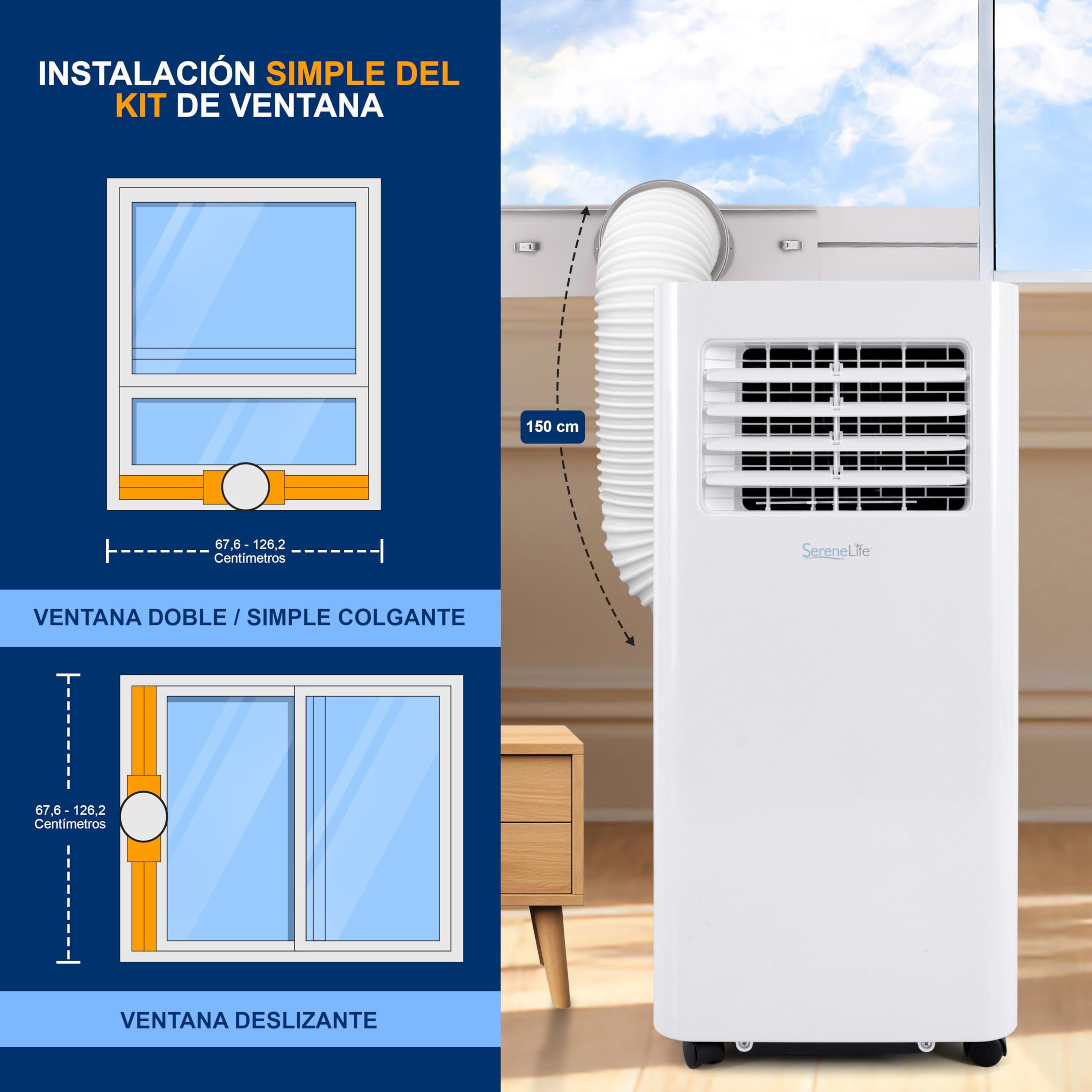 SereneLife Aire Acondicionado Portátil, 9.000 BTU, Móvil, WiFi, Silencioso, Deshumidificador, Ventilador, Control Remoto, Blanco, Portátil Para Oficina y Casa