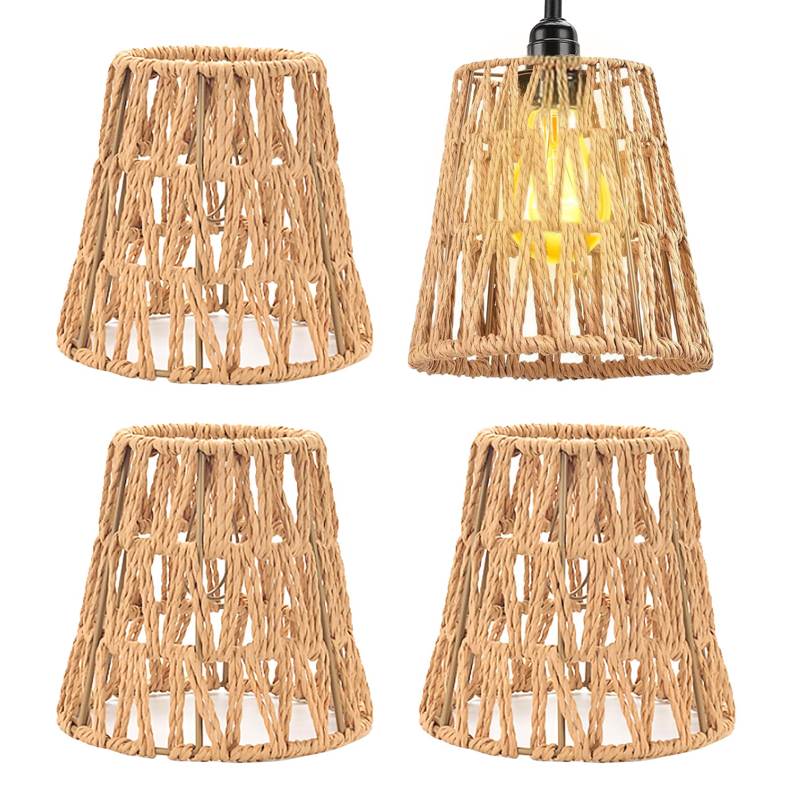 4 paralumi Boho, 15 x 15,8 x 4 cm, paralume in rattan bohémien, piccolo, E26 E27, paralume di carta, accessorio per lampada da tavolo, lampada a sospensione, paralumi a sospensione
