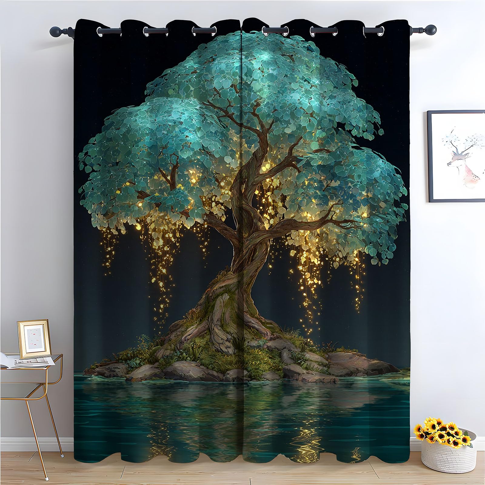 TERUEA Polyester Fabric Curtains Turquoise leaf ancient tree water reflection night Curtains Botanical Thermal Insulated Noise Reducing Drapes Window Treatment-52 W x 108" L (Pack of 2)