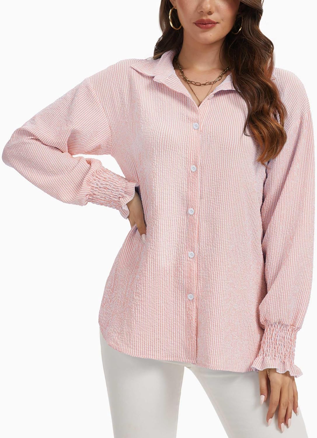 WEACZZY Women's Striped Button Down Shirts Long Sleeve Smocked Cuffed Oversized Boyfriend Blouses Collared Causal Tops - Image 2
