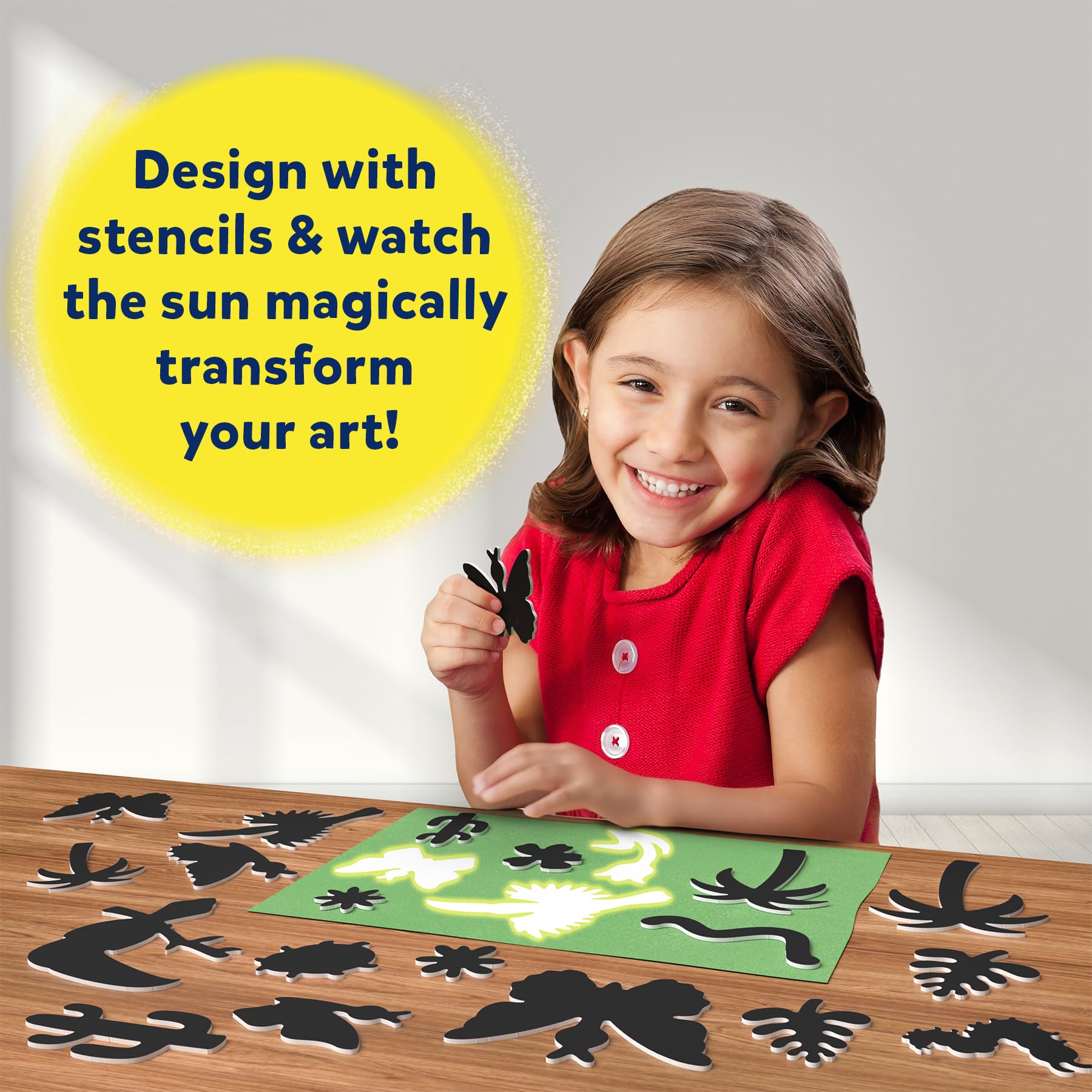 Kit de arte de papel Sun – Kit de manualidades STEM sin desorden para niños, diseño con plantillas, crea con luz solar, color con marcadores, juego en interiores y exteriores, regalos para 5