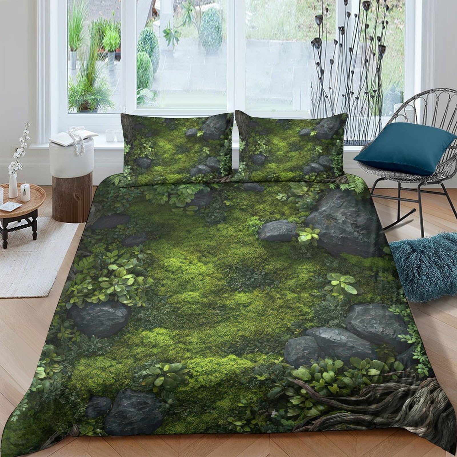 GPLZQXKJNH 3D Printed Moss Forest Duvet Cover Microfiber Soft Breathable Stone Path Bedding Set with 2 Pillowcases for Bedroom Decor Single（135x200cm）