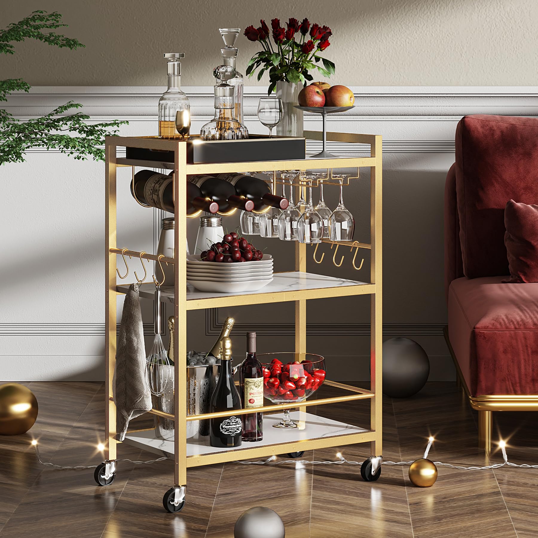 TUTOTAK Bar Cart, Serving Cart for Home, Microwave Cart, Drink Cart, Mobile Kitchen Shelf with Wine Rack and Glass Holder, Rolling Beverage Cart BC01BMG030