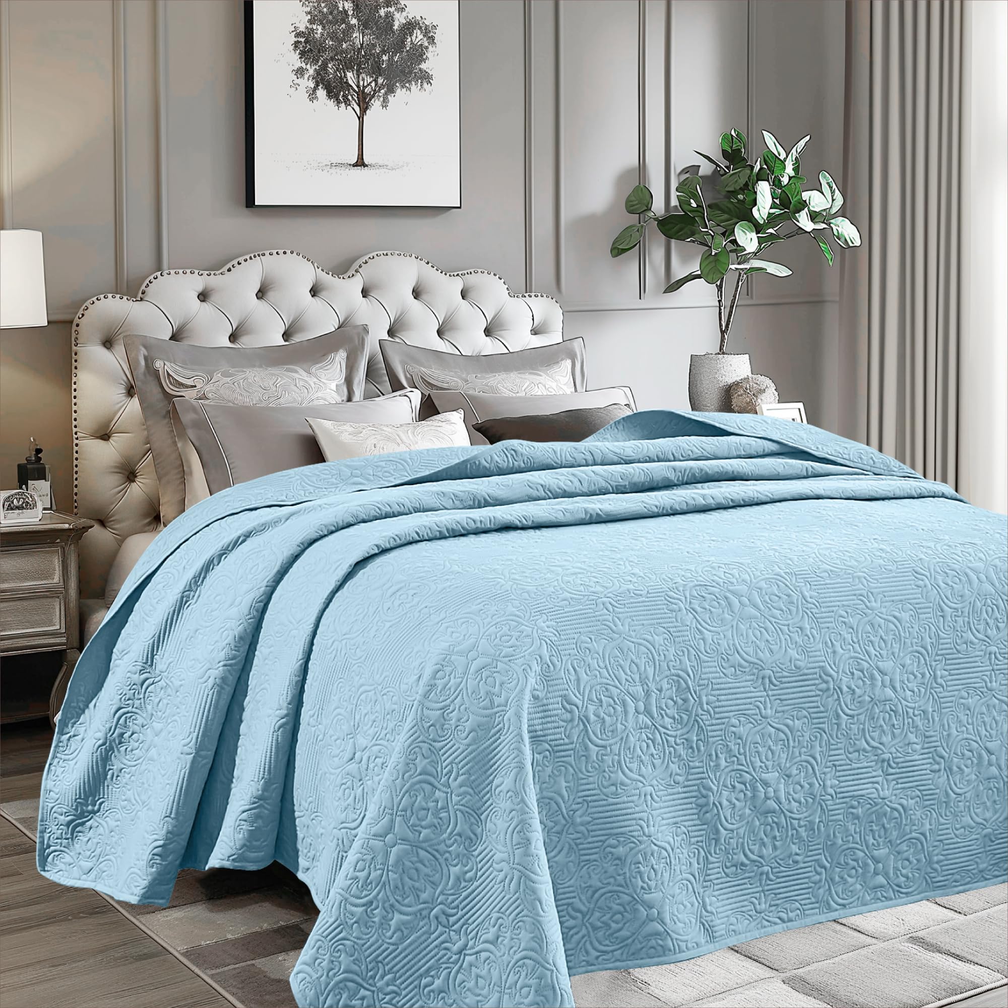 Sophia & William Light Blue Vintage Quilt Queen Size, Soft Damask Ultrasonic Quilt, Lightweight Reversible Coverlet, Embossed Pattern Bedspread for