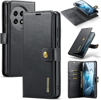 Wallet Case for Oneplus 13 Case, Magnetic Detachable 2-in-1 Leather Wallet Cover & PC Back Shell, Kickstand | Retro Folio Flip Design Black