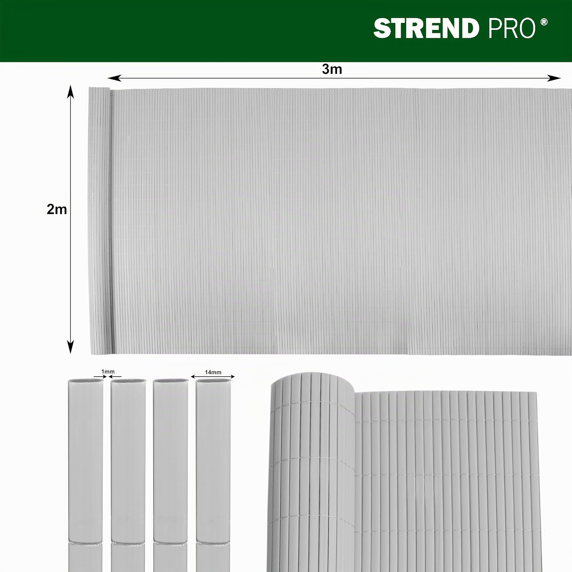 STREND PRO PVC Sichtschutzmatte für Garten, Terrasse | Hellgrau | 2m Hoch, 3m Länge | Wetterfester Sichtschutzzaun für Privatsphäre und Windschutz | Gartensichtschutz ohne Bohren, Gartenzaun