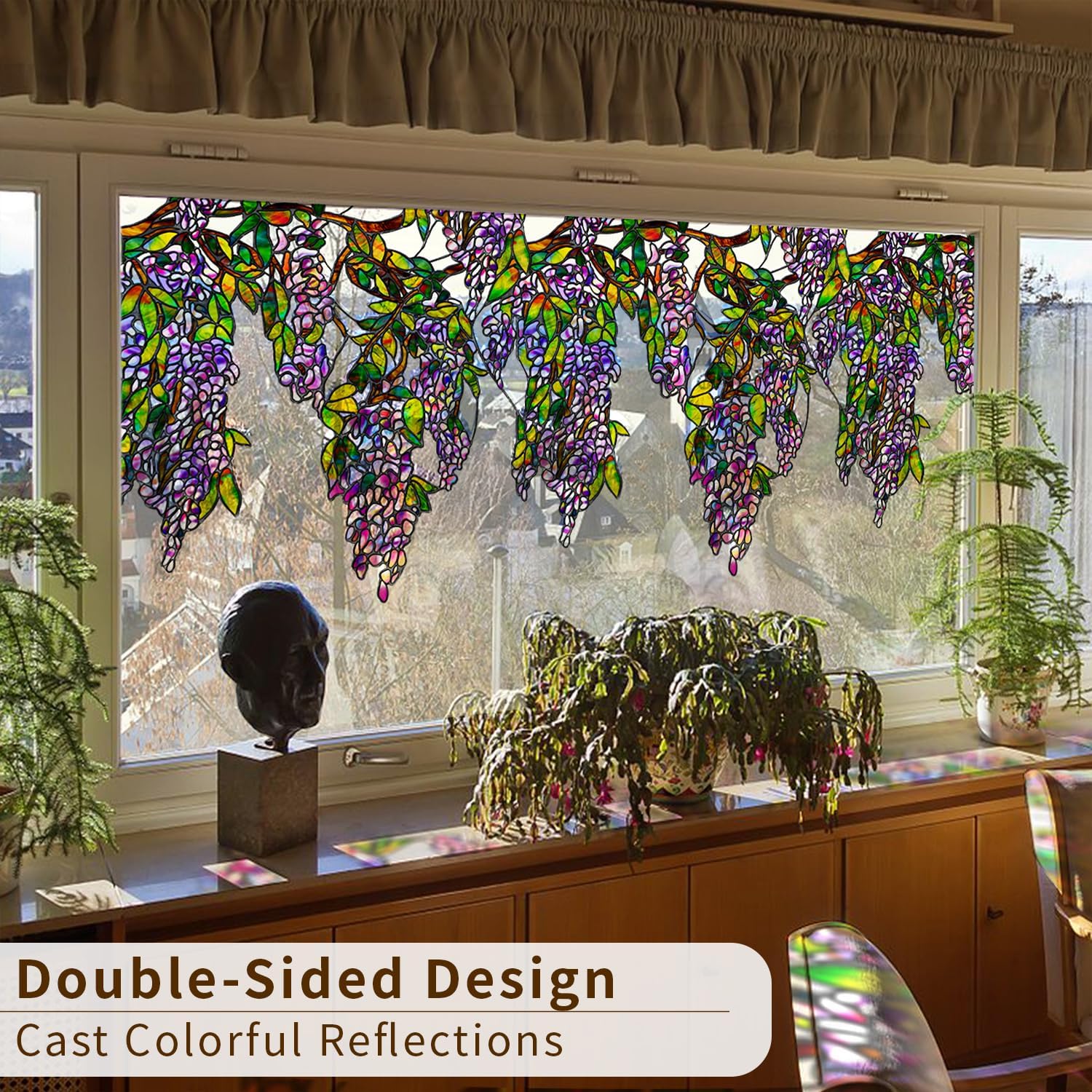 Original Hand Drawn Wisteria Stained Glass Window Border Film, Transparent Static Cling for Glass Window Decor, Watercolor Hanging Plants Purple Wisteria Sticker 16.93"X67.72"