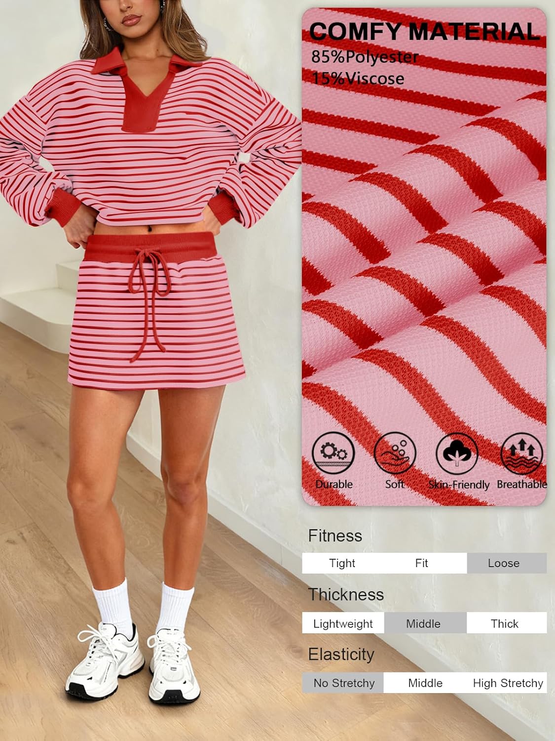 Women's Striped 2 Piece Set for women Sweatshirt Mini Skirt Sets Tennis Workout Tracksuit Matching Lounge Outfits - Image 4