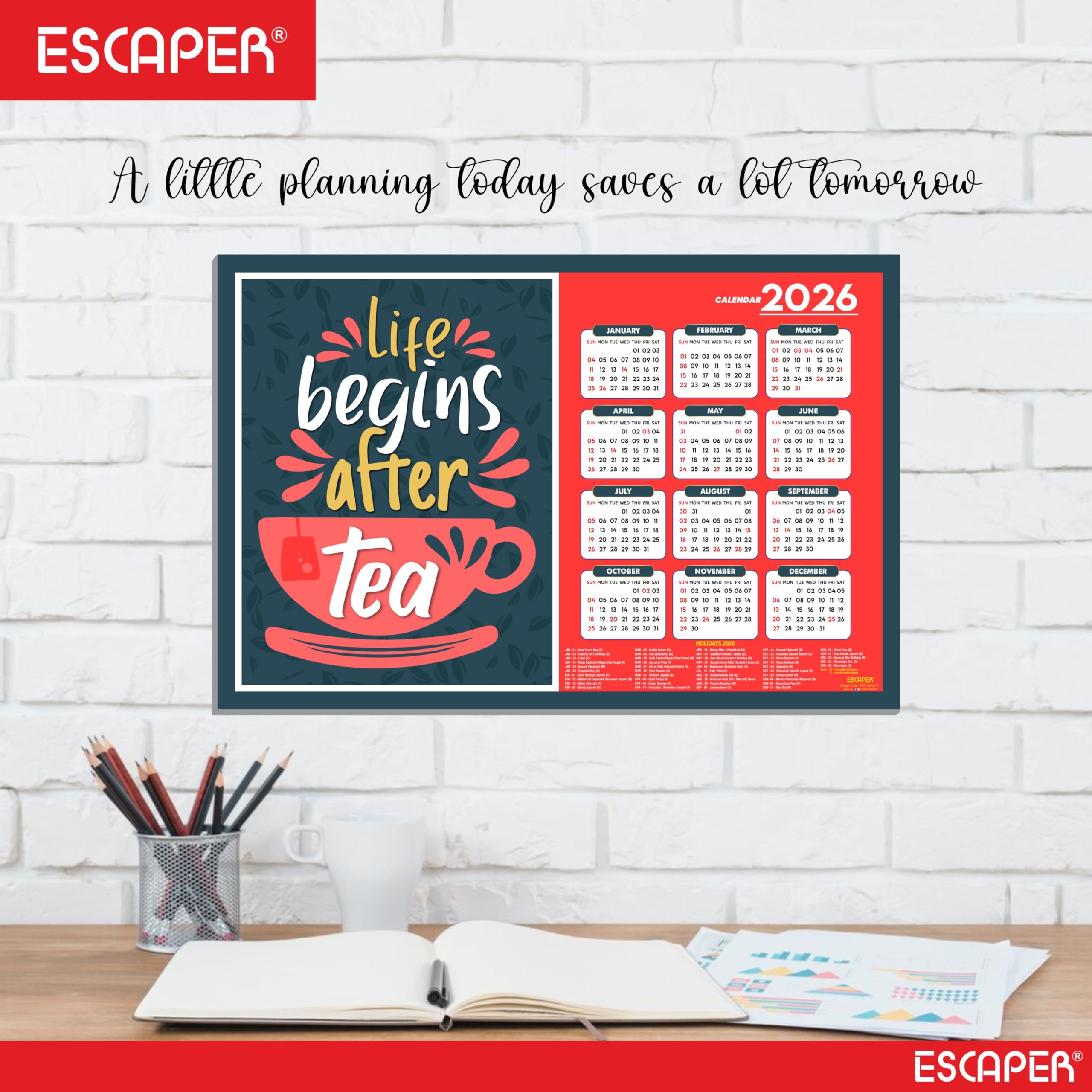 ESCAPER Tea Lovers Wandkalender 2026, 30,5 x 45,7 cm, 300 g/m², laminiertes Papier, selbstklebender einseitiger Kalender für Büro, Zuhause und Café, perfektes Teegeschenk & Wandkunst