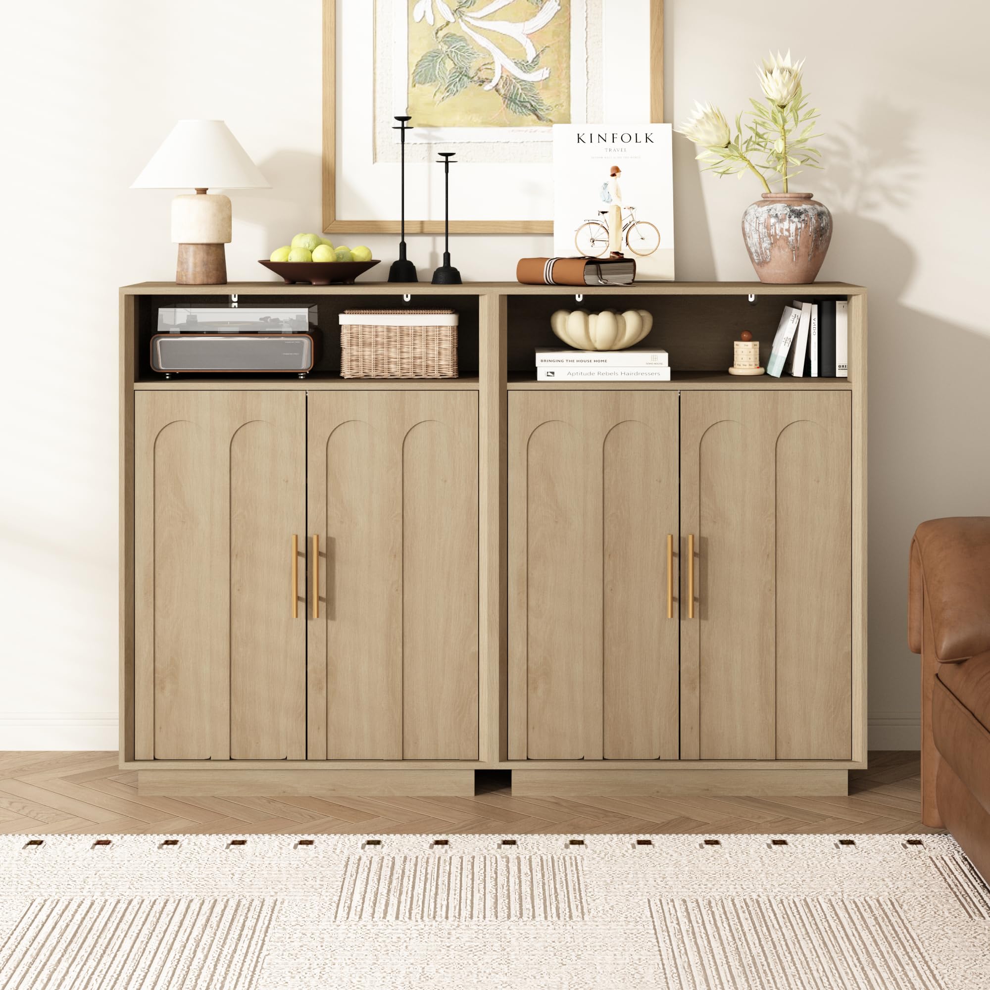 Set of 2 Shoe Cabinet with Arched Doors, 43" Hidden Storage, Oak