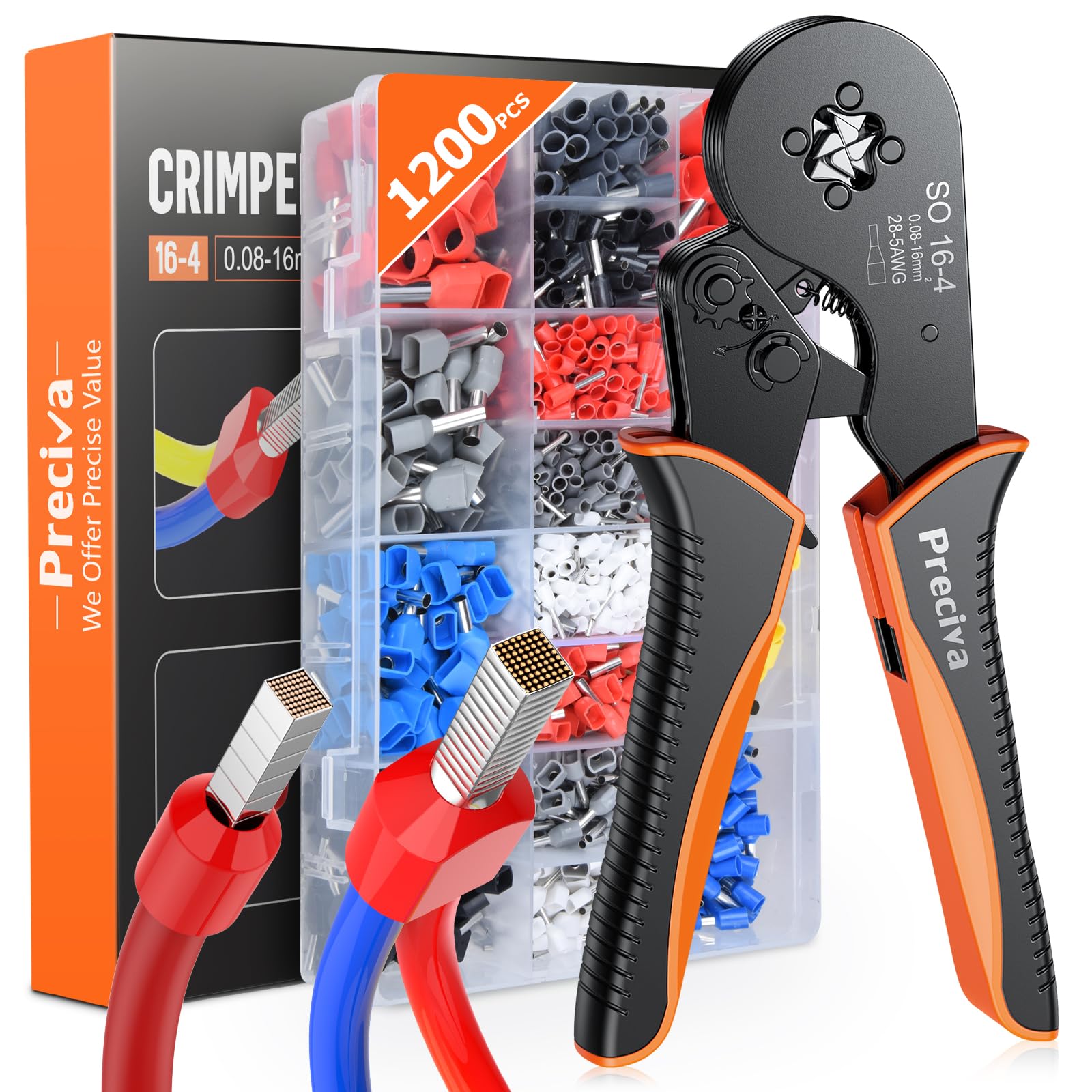 Preciva Bootlace Crimping Tool Kit, 0.08-16mm²/AWG28-5 Ferrule Crimp Toolkit with 1200pcs Connectors(300 Dual Wire Terminals), Self-Adjsutable Ratchet Crimper ToolKits