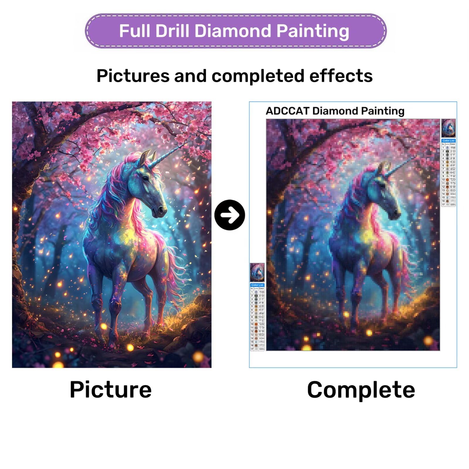 Diamond Painting Erwachsene, DIY Diamant Painting Bilder Einhorn, Vollbohrer Kirschblüten Diamant Malerei Malen Nach Zahlen Cross Stickerei Bastelset Erwachsene, für Wanddeko Wohnzimmer 60x80 cm D-2