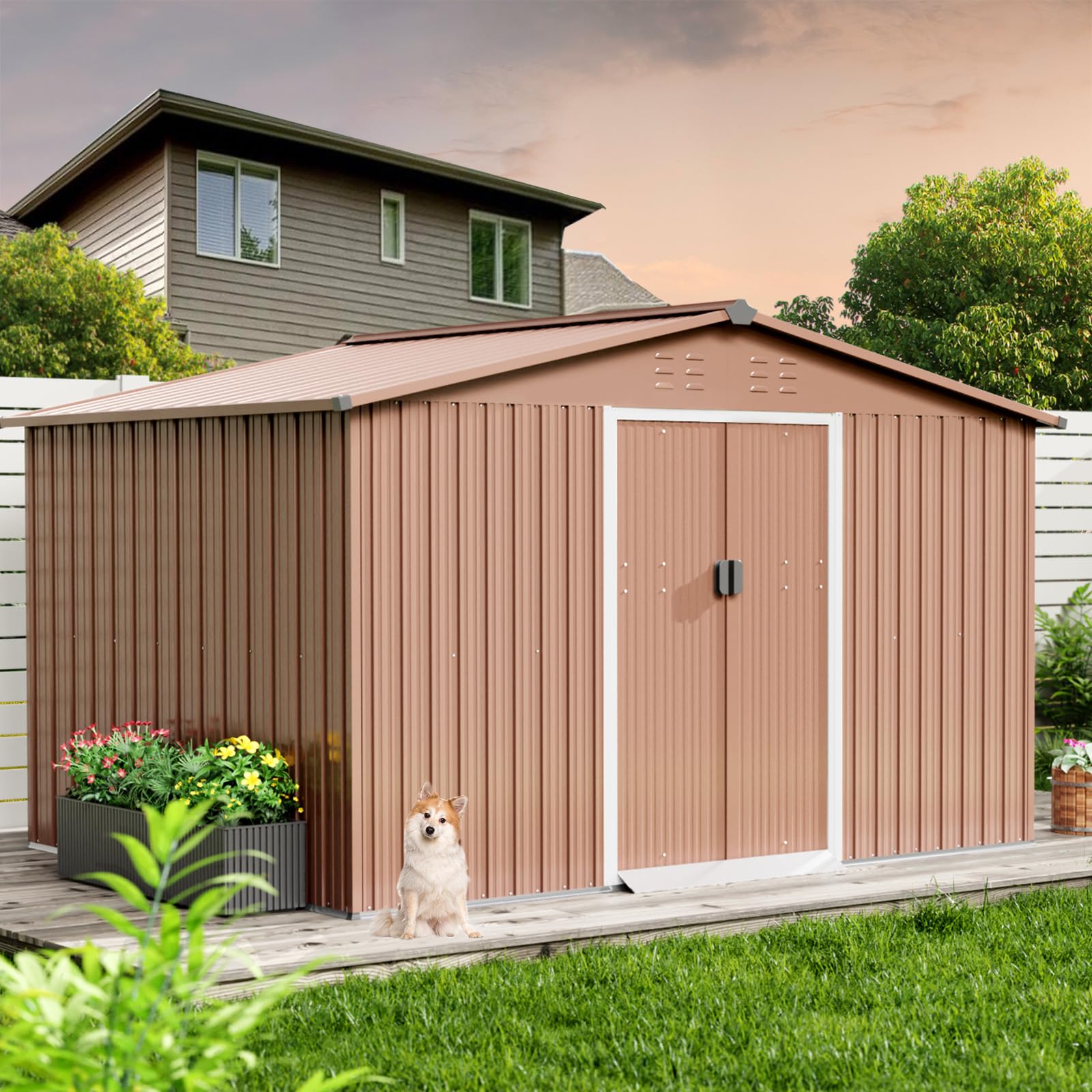 Amazon.com : Garvee 10x12 Ft Metal Storage Shed with Pitched Roof ...