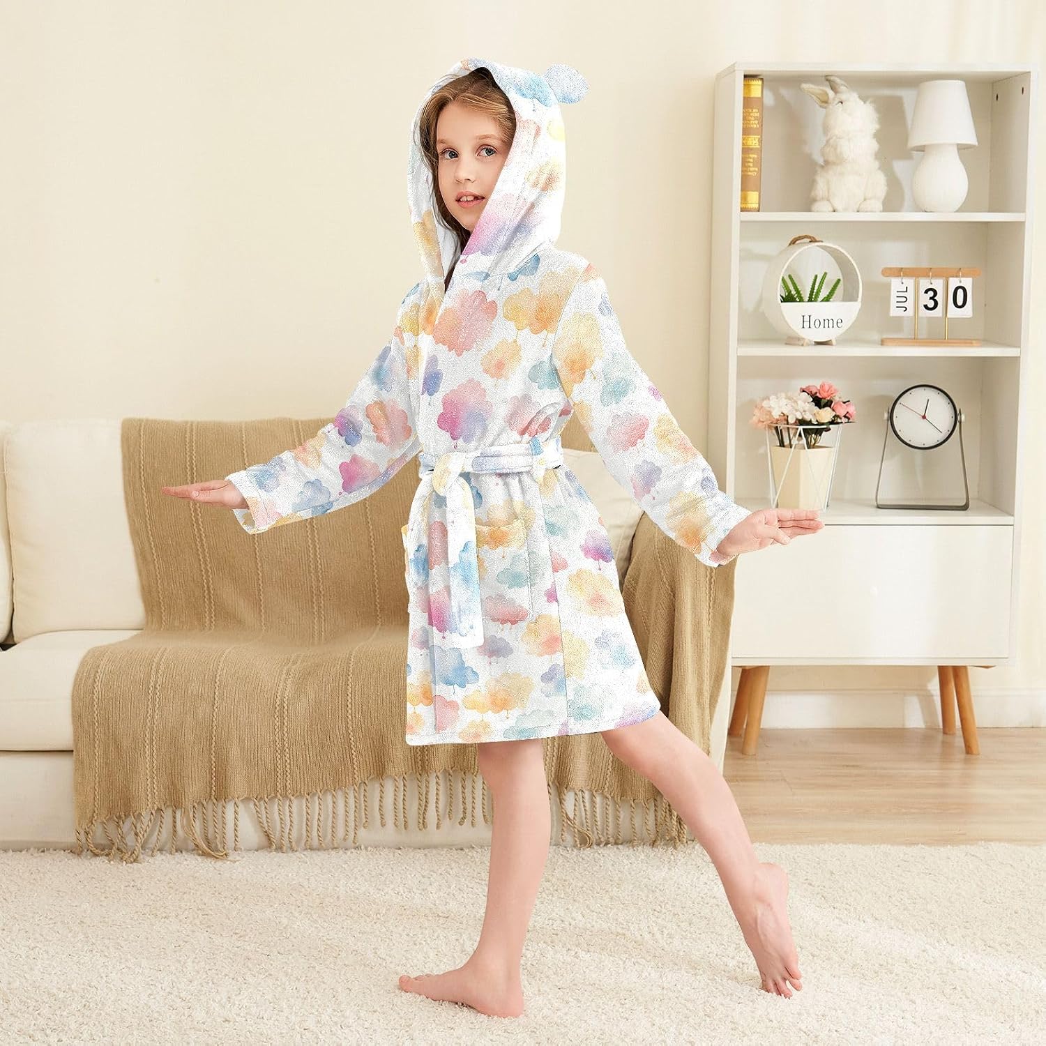 Cartoon Colorful Clouds Toddler Hooded Bathrobe for Boys Girls Soft Plush Bath Towel Robe 2-12 Years