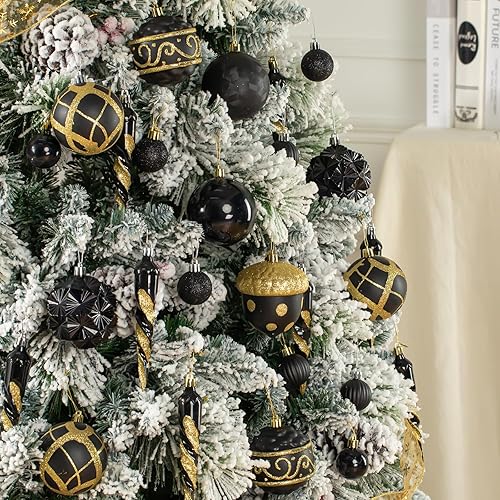 Juego de 62 bolas de Navidad negras y doradas, surtido de 3.15 pulgadas (3.150 in), grandes inastillables, decoraciones colgantes de Navidad para
