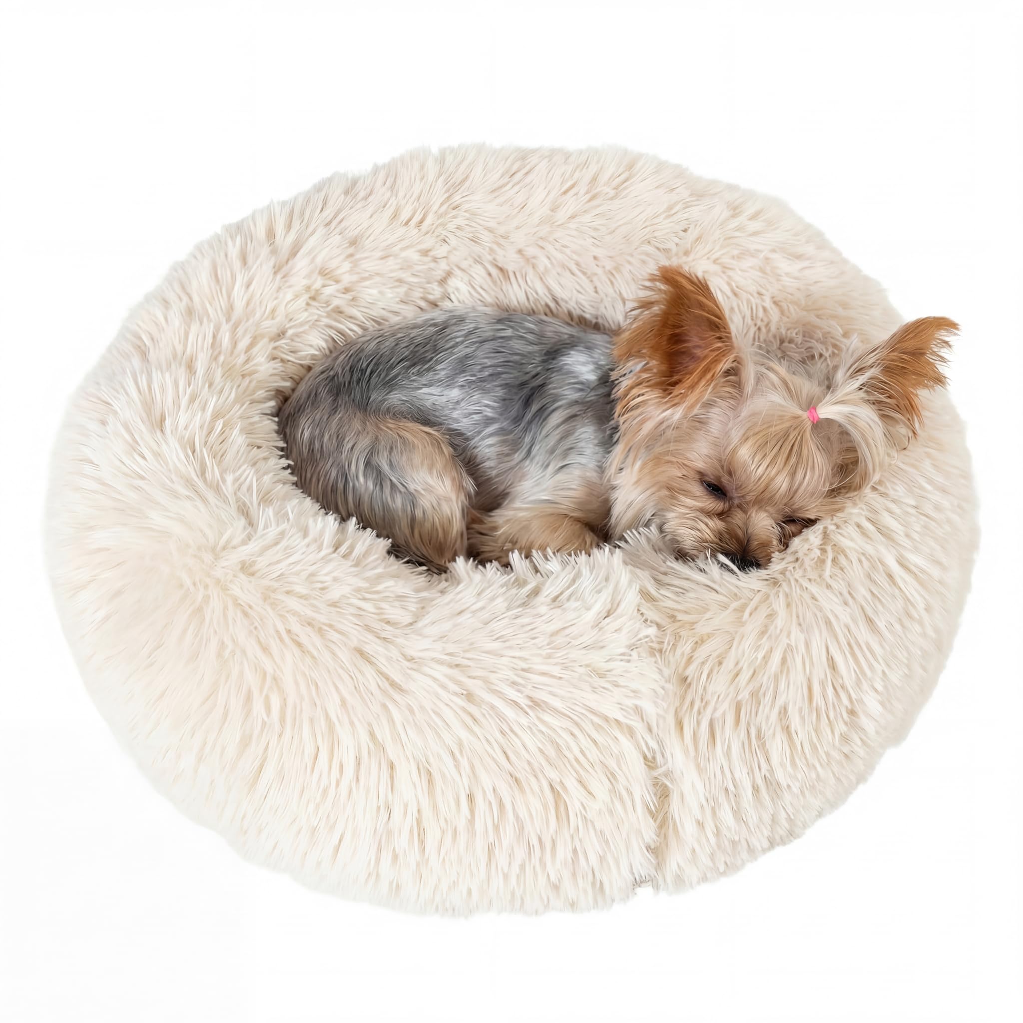 Extra Small Dog Bed 19 Inch,Calming Donut Puppy Bed,Ultra Soft Faux Fur Round Dog Bed for Chihuahua Yorkie Maltese Pomeranian,Beige