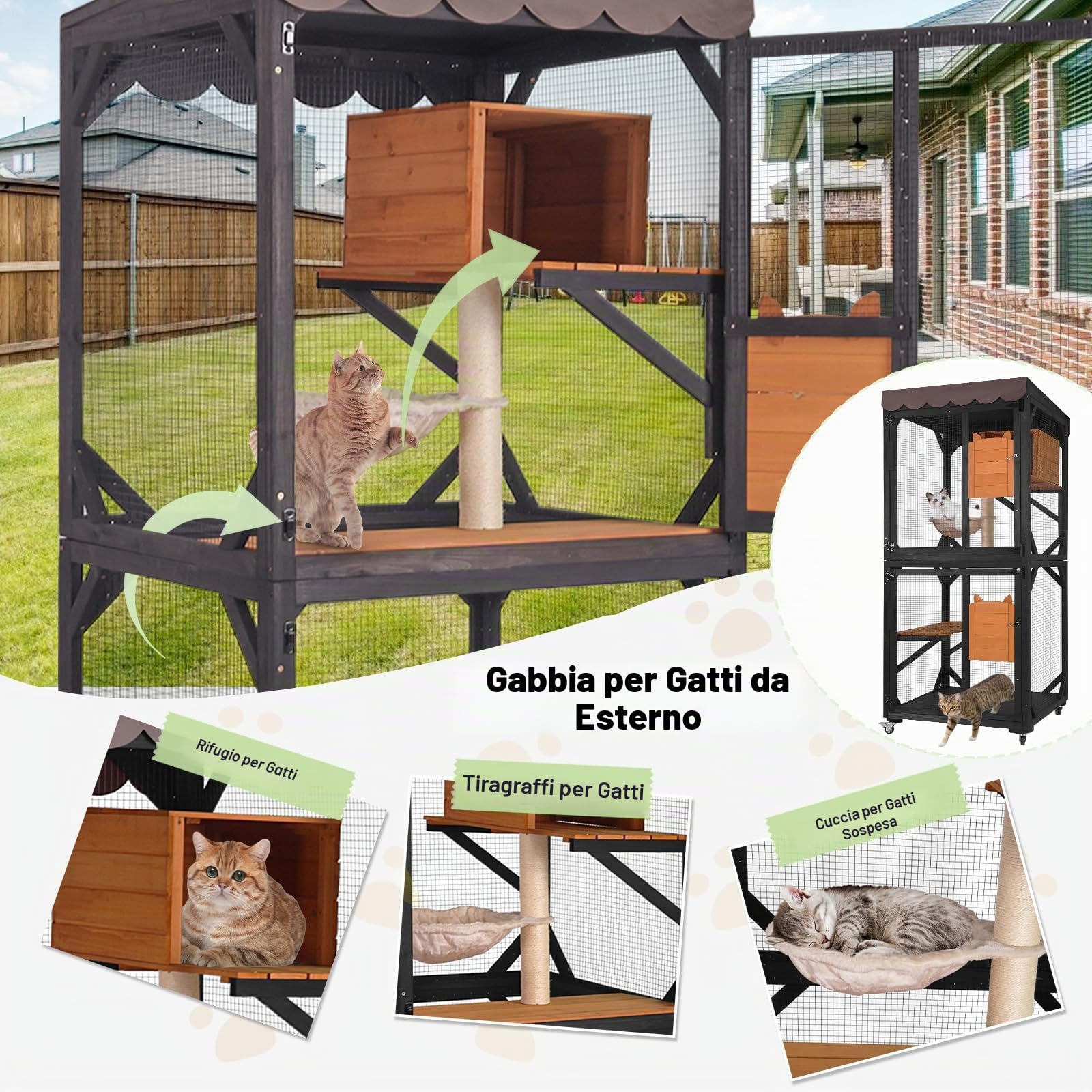 Seiyierr Catio Gabbia per gatti alta 66 pollici, grande casa per gatti su ruote, tetto impermeabile, stile antigraffio e amaca, per esterni, strato in PVC (marrone)