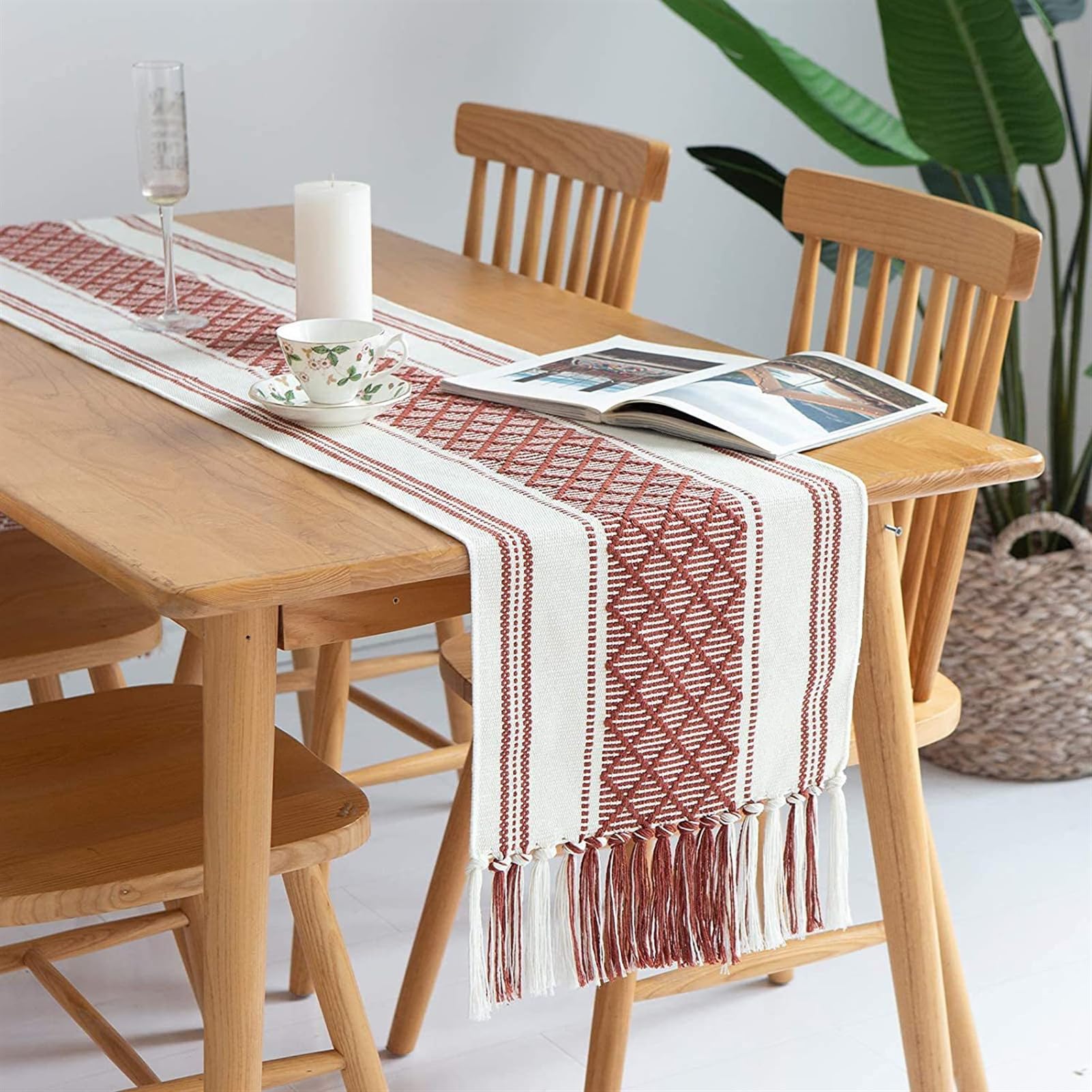 Camino de Mesa de Algodón Estilo Bohemio Camino de Mesa Lavable con Borlas para Boda Fiesta Hogar Cocina Mesa de Comedor Decoración Rojo, 30 x 220 cm