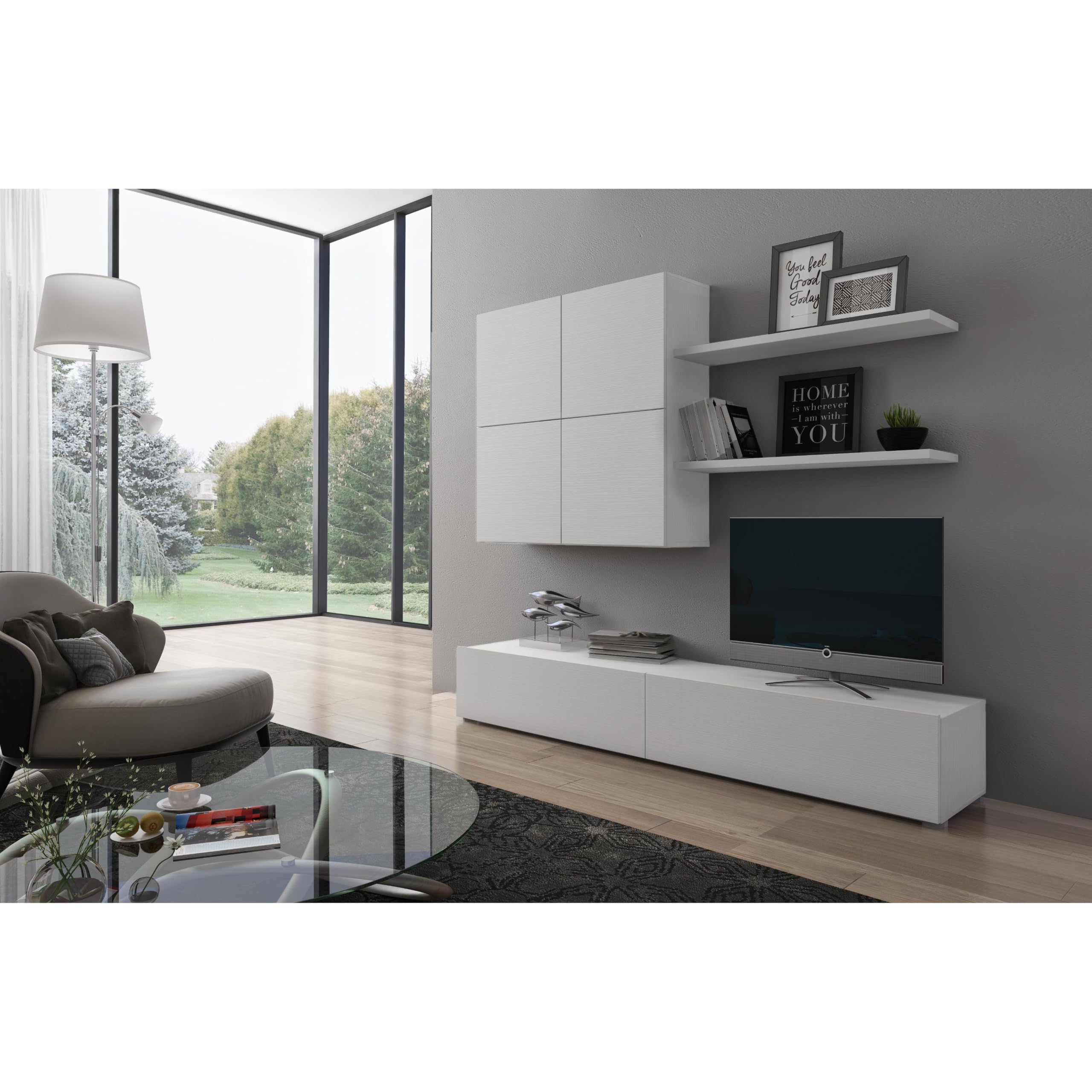 Arreditaly Parete Attrezzata Mobile Soggiorno Moderno Con Base TV 2 Ante Pensile 4 Ante e 2 Mensole Design Contemporaneo in Melaminico Facile da Pulire Bianco