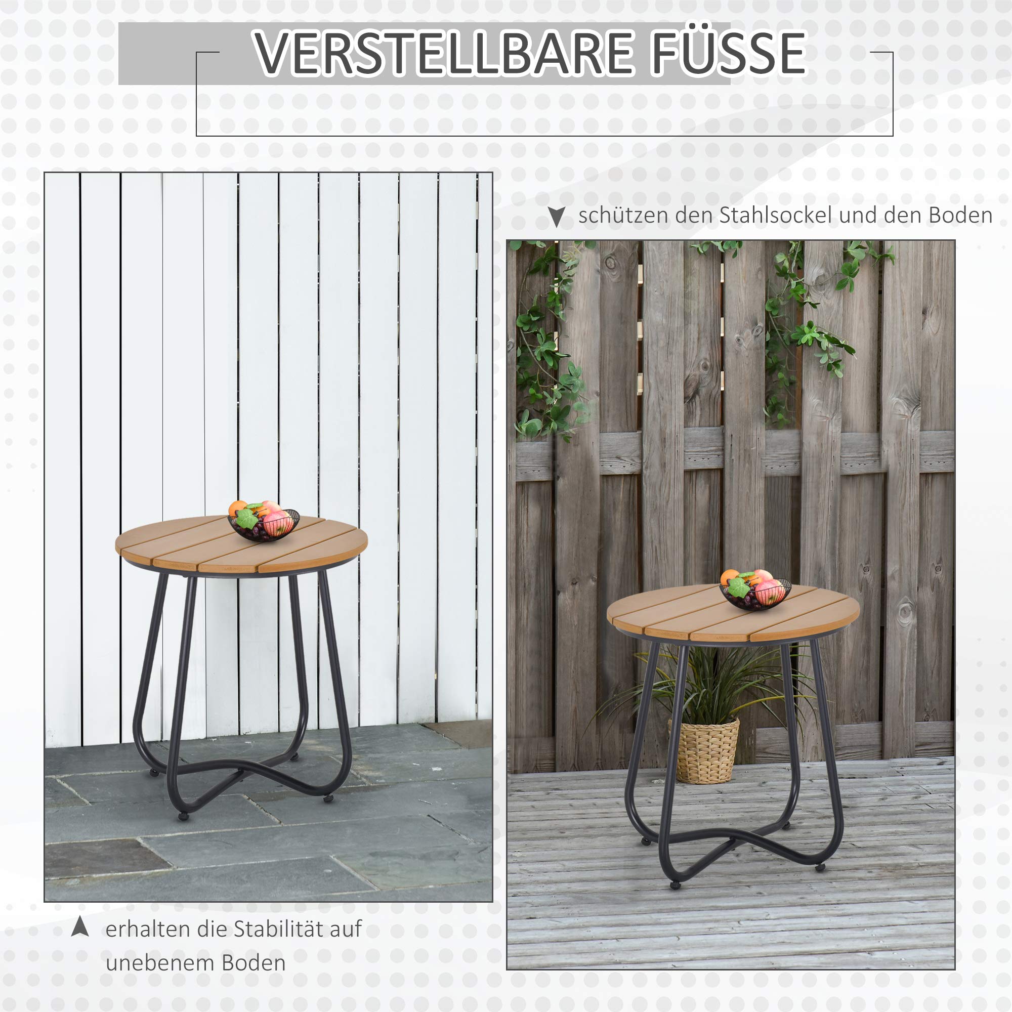 Outsunny Gartentisch Rundtisch elegant Gartenmöbel stabil verstellbare Füße Dekoration Garten Terrasse Wohnzimmer Stahlboden Braun Ø49 x 48H cm