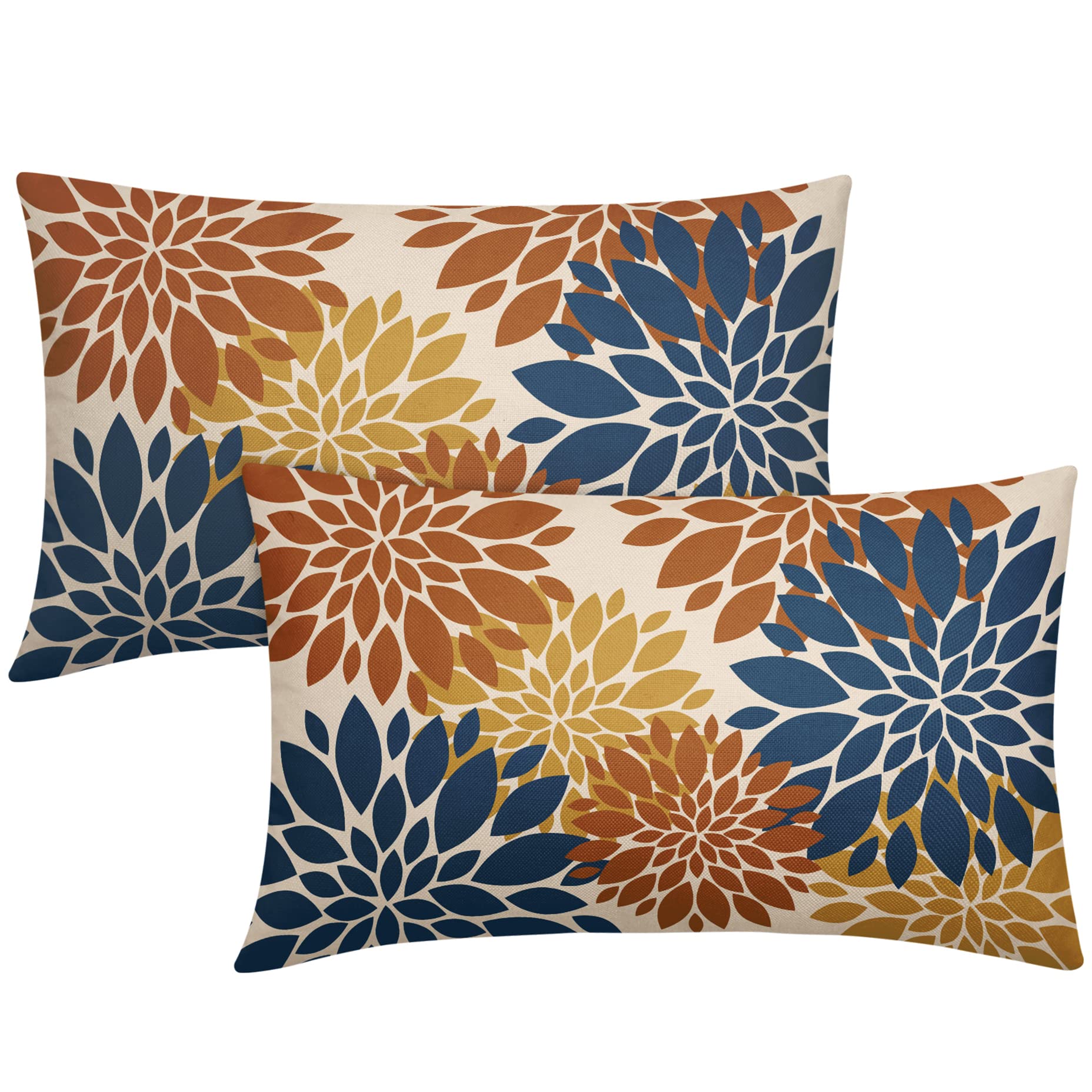 Blue Orange Yellow Pillow Covers 12X20 Inch Set of 2, Fall Colored Modern Dahlia Floral Print Decorative Rectangle Throw Pillow Covers Outdoor Farmhouse Cushion Case for Couch Sofa Bed Decor