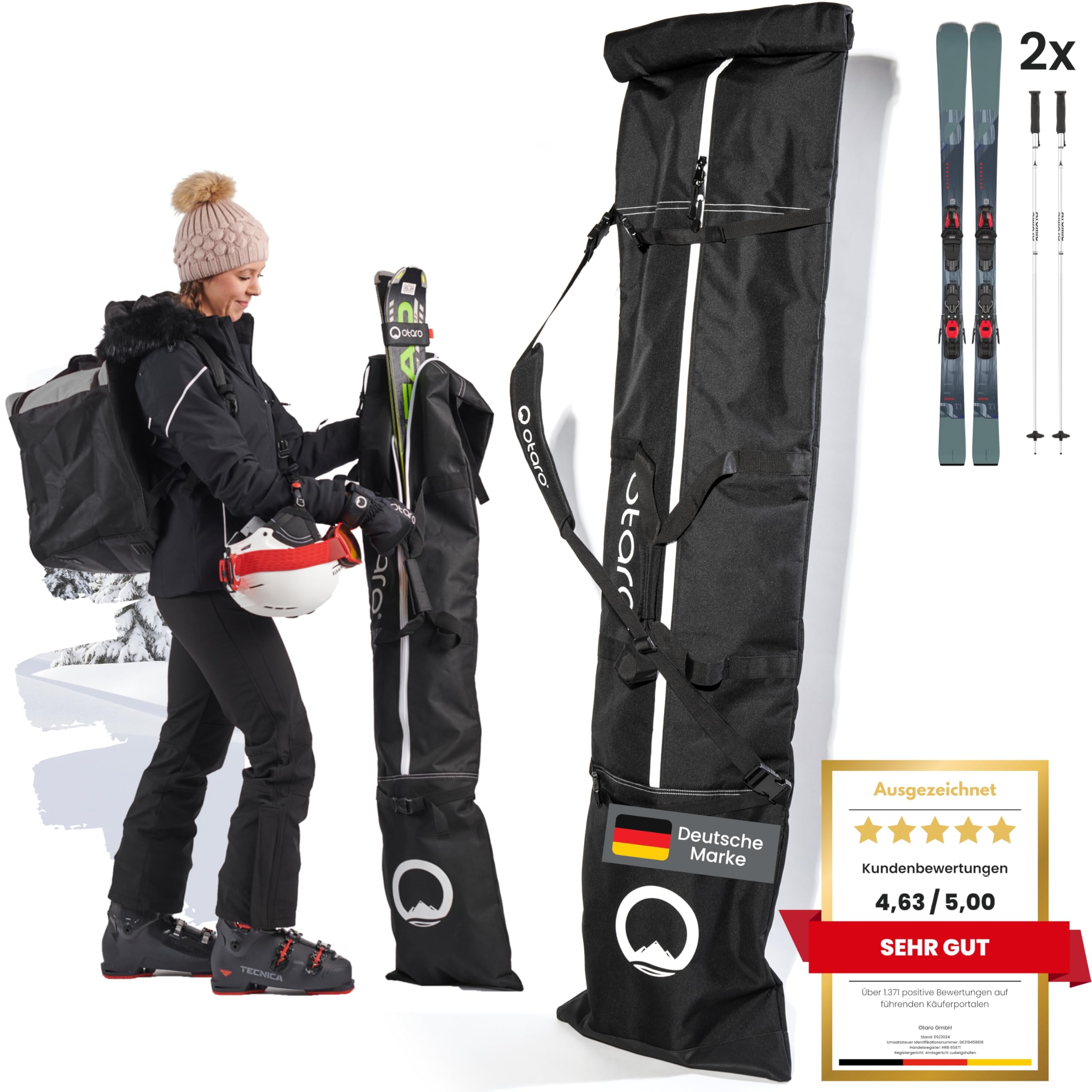 Otaro Skitasche für Ski & Skistöcke, Skisack, Ski Bag längenverstellbar, wasserabweisend, robuste Reißverschlüsse, gepolsterter Tragegurt – für 2 Paar Ski bis 185cm