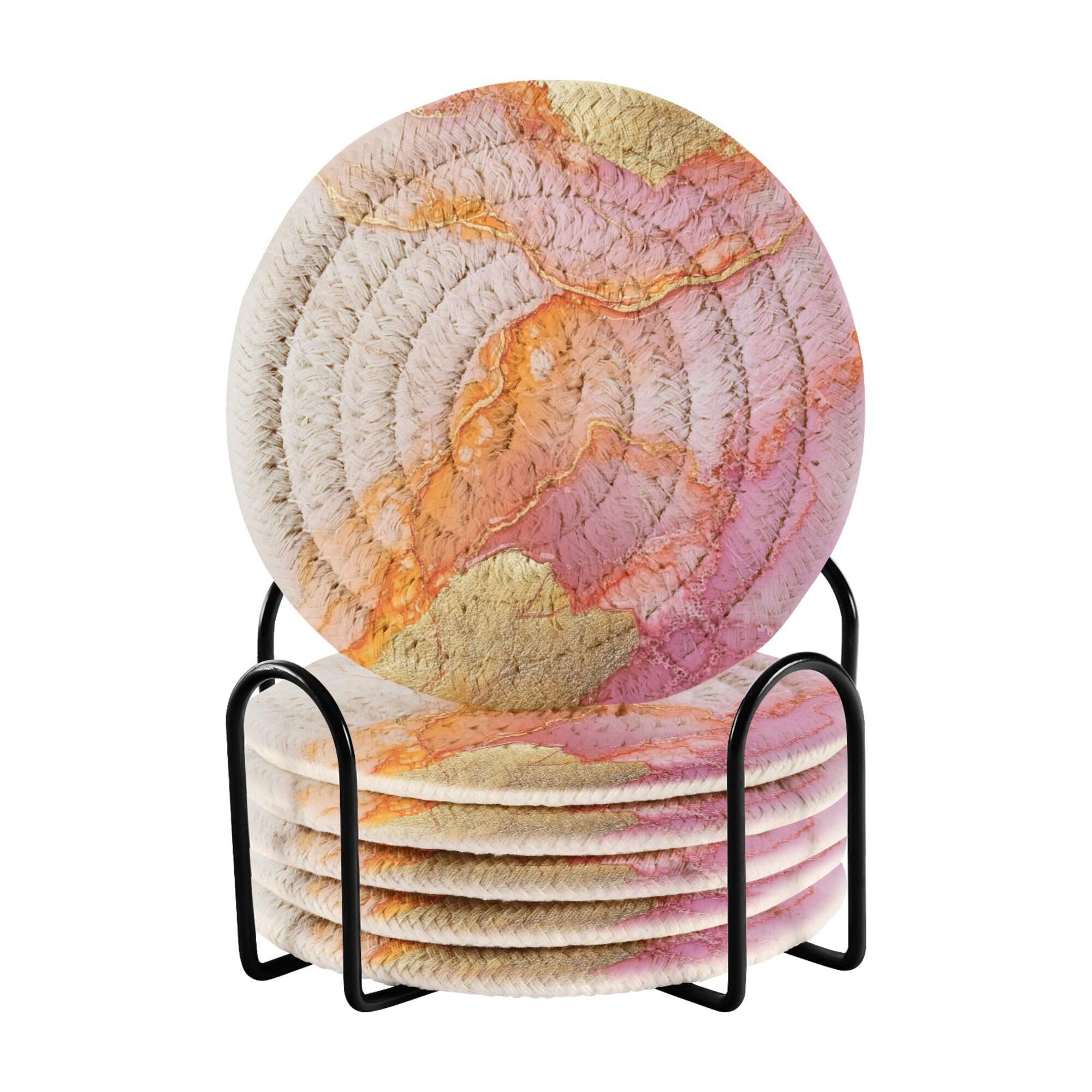 Marble White Peach Cotton Rope Coasters and Holder Set of 6 Coffee Table Coasters