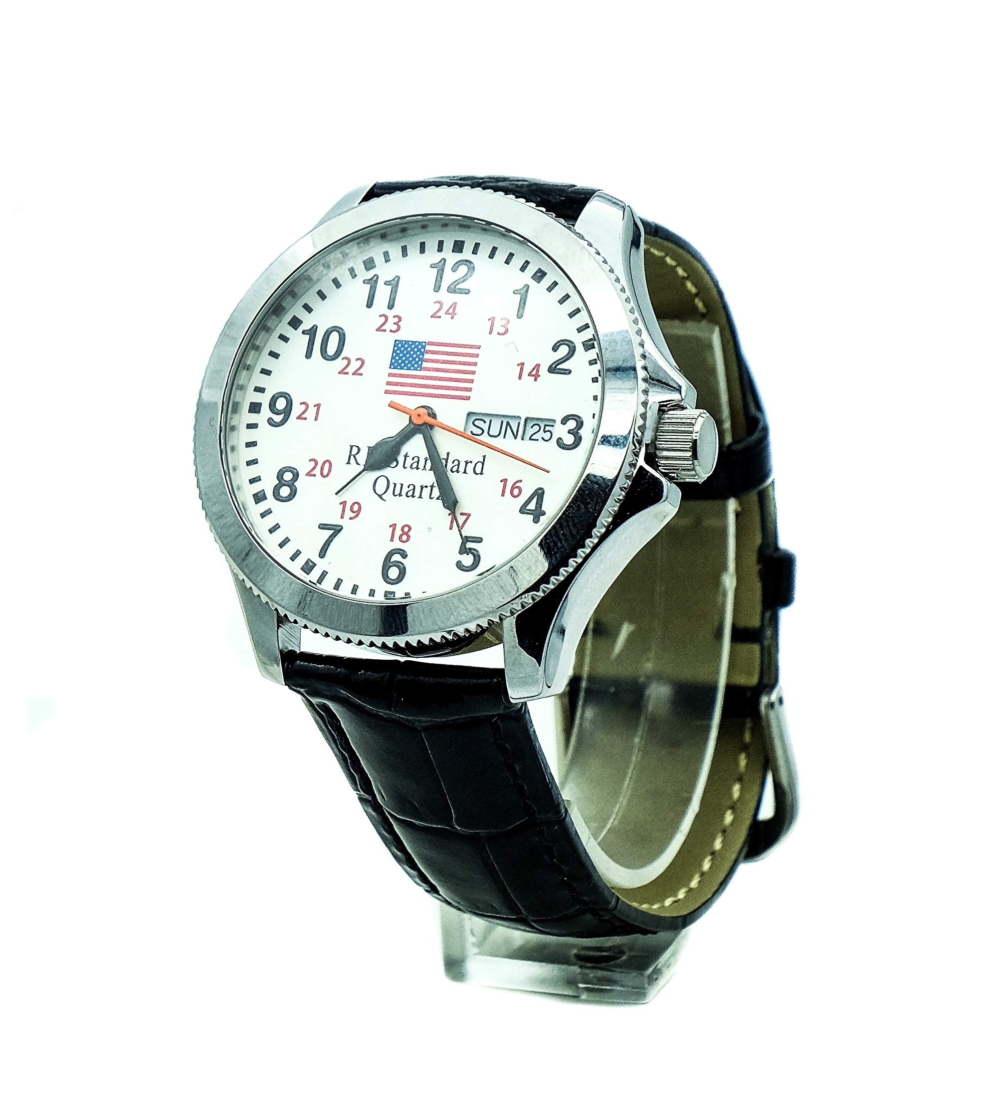 American Railroad Approved Wrist Watch Analog 24 Hour Dial Face Japanese Quartz Movement Silver Case USA Flag