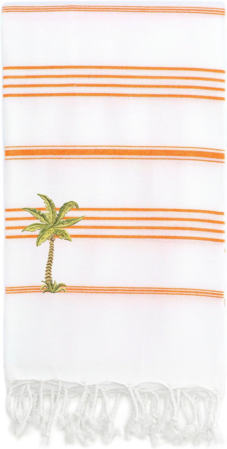 Linum Home Textiles Lucky - Palm Tree Peseta Beach Towel, White & Dark Orange