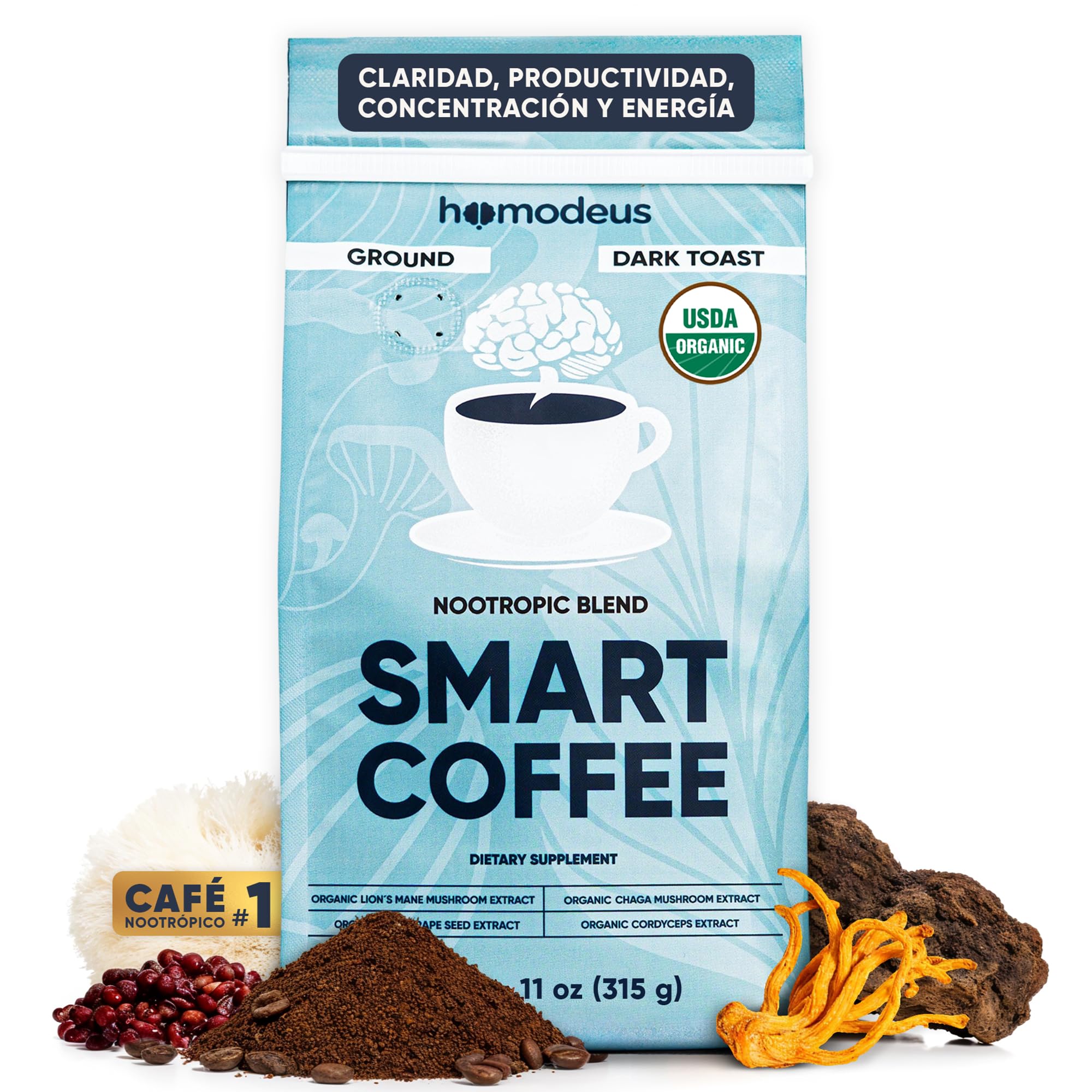 HOMODEUS Café em pó com cogumelos juba-de-leão, cordyceps, chaga e extrato de semente de uva vermelha, 750 mg, 140 mg, 100 mg e 10 mg, 30 porções