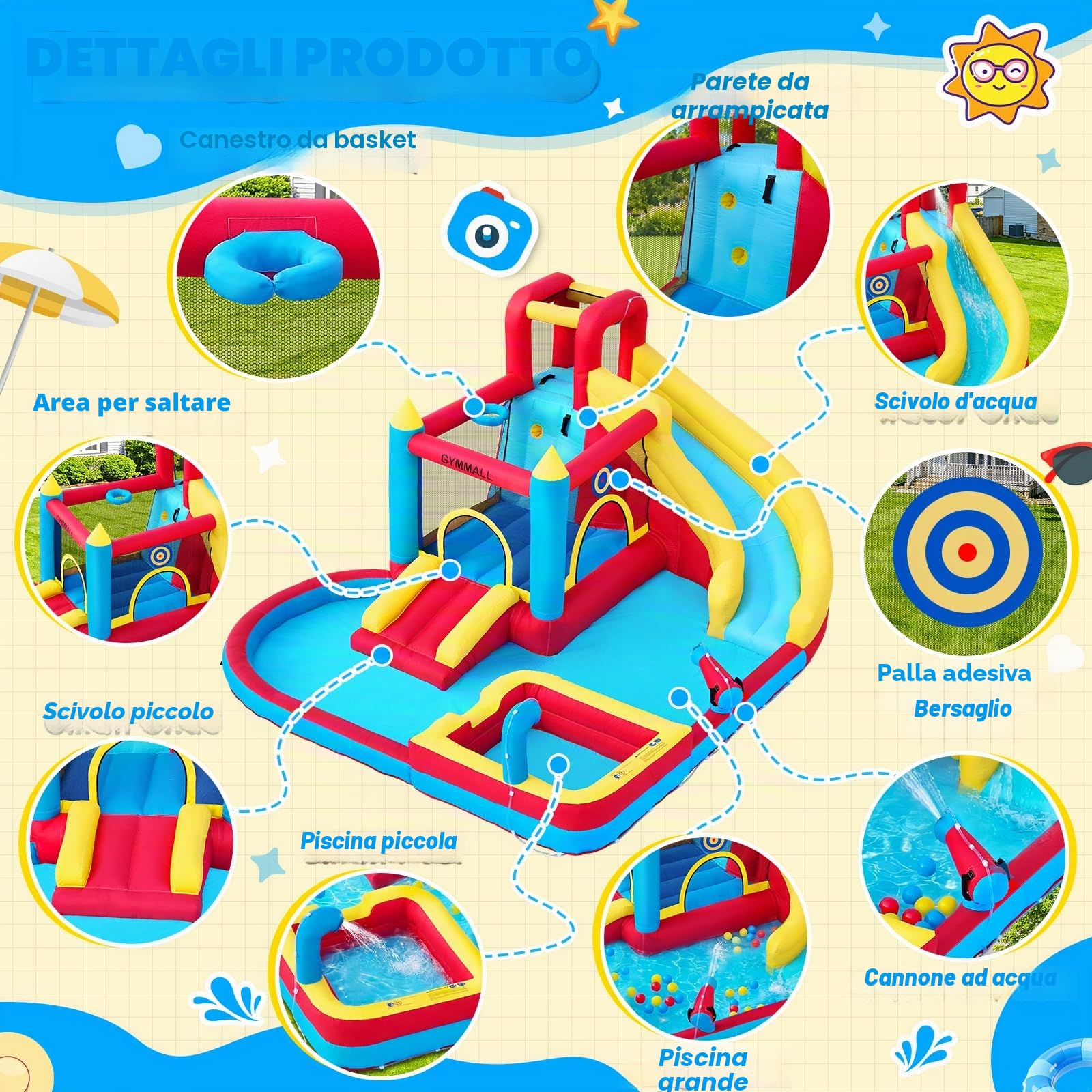 Castello Gonfiabile per Bambini, 8-in-1 con Ventilatore 480W, Scivolo Lungo, Parete da Arrampicata, Trampolino e Piscina, adatto per divertimento interno ed esterno in vacanza