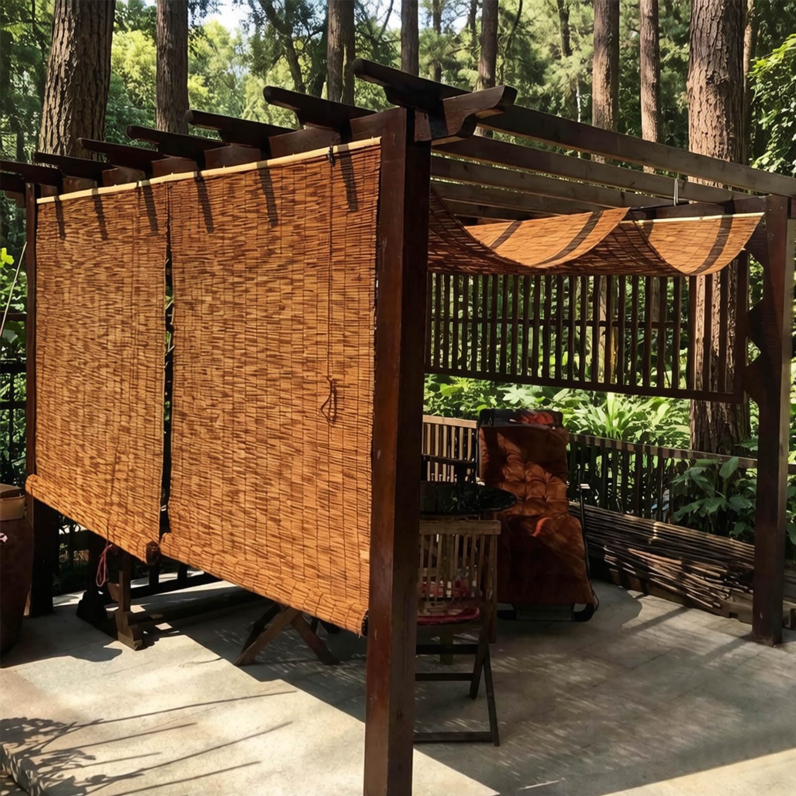 Retro-Bambusrollos für Terrasse, Bambus-Rollos für den Außenbereich, wasserfeste Schilfrollos, Verdunkelungsrollos aus Bambus, lichtdurchlässiger Sonnenschutz für Veranda(160 x 210CM)