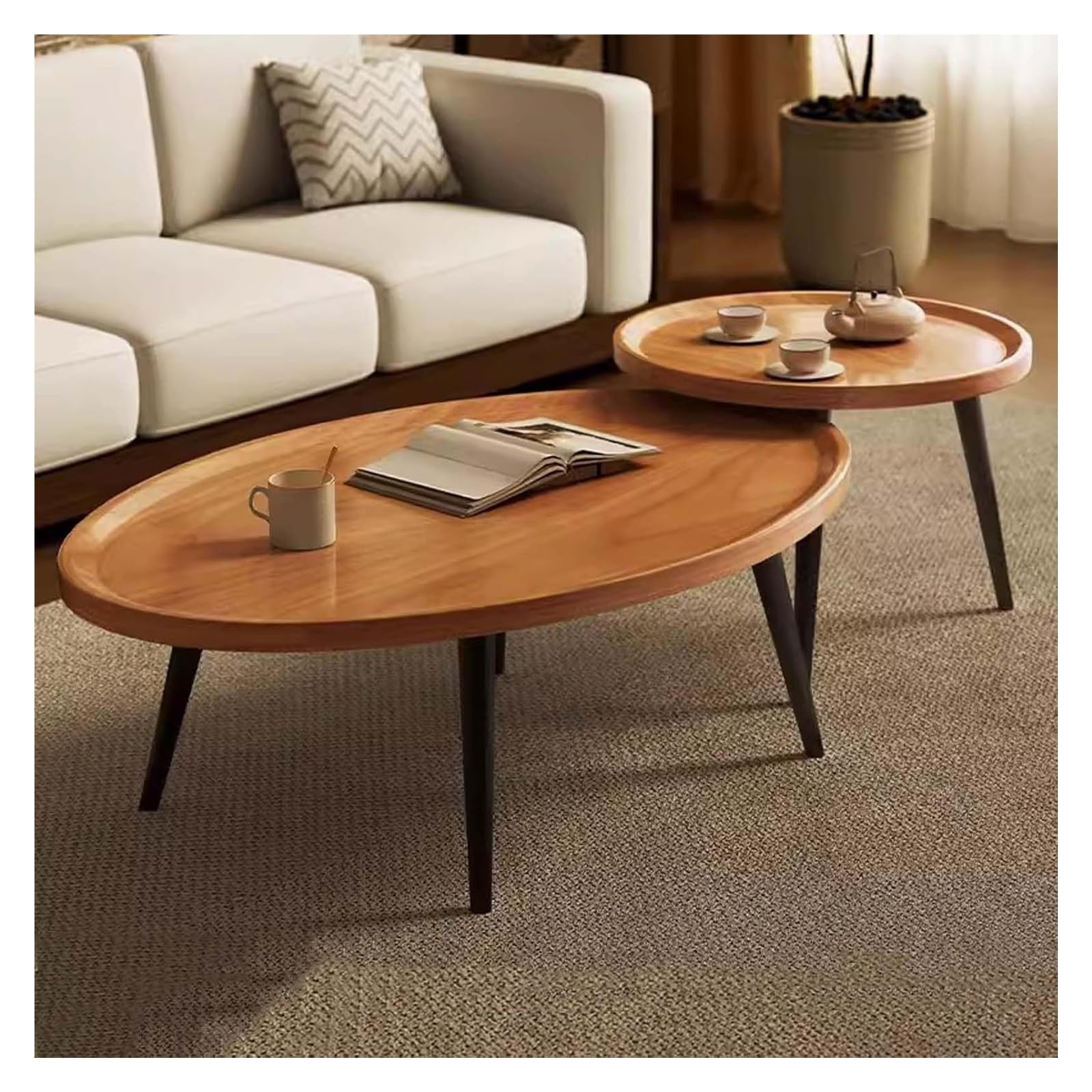 Table basse gigogne ronde lot de 2 en bois et métal noir pour salon moderne